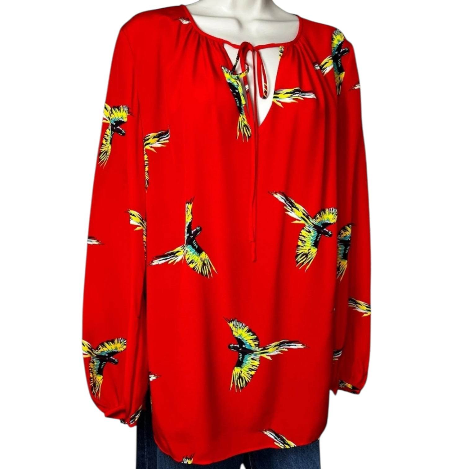 DVF Aurora Bird Print Silk Blouse – Red Tie Neck, US6 – pre-loved