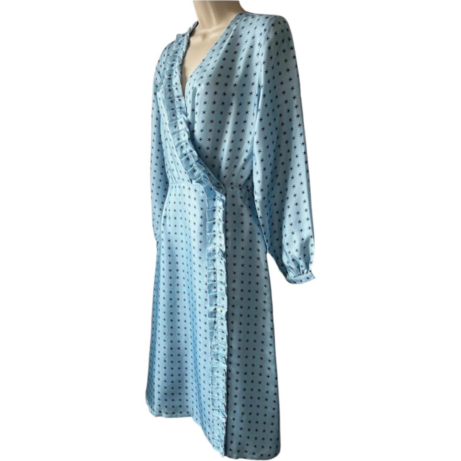 Lisou Silk Shirt Dress – Comet Print, Ruffle Trim, Blue, UK6 – pre-loved