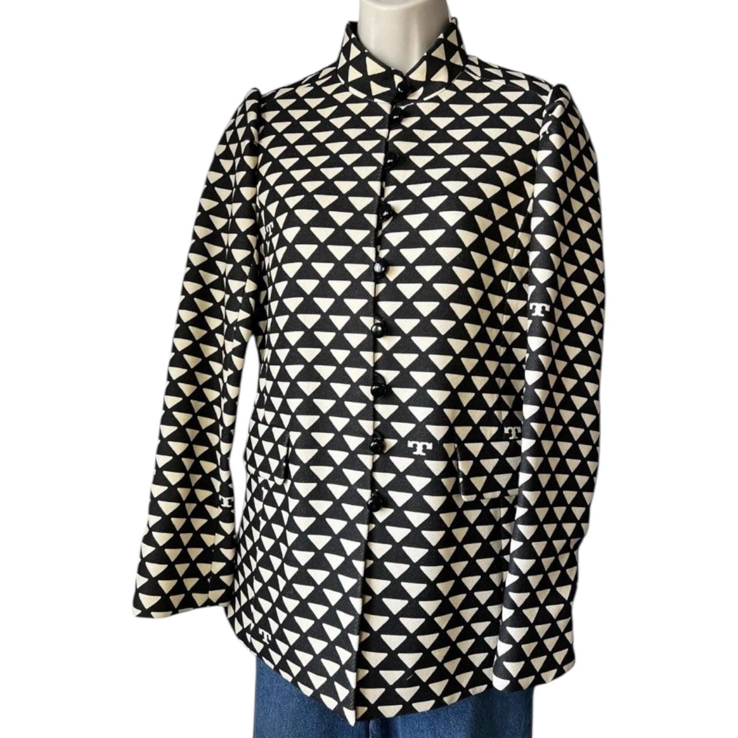 Tory Burch Triangle Geo Twill Crepe Jacket – Structured, Beige/Black, Size US 4 – pre-loved