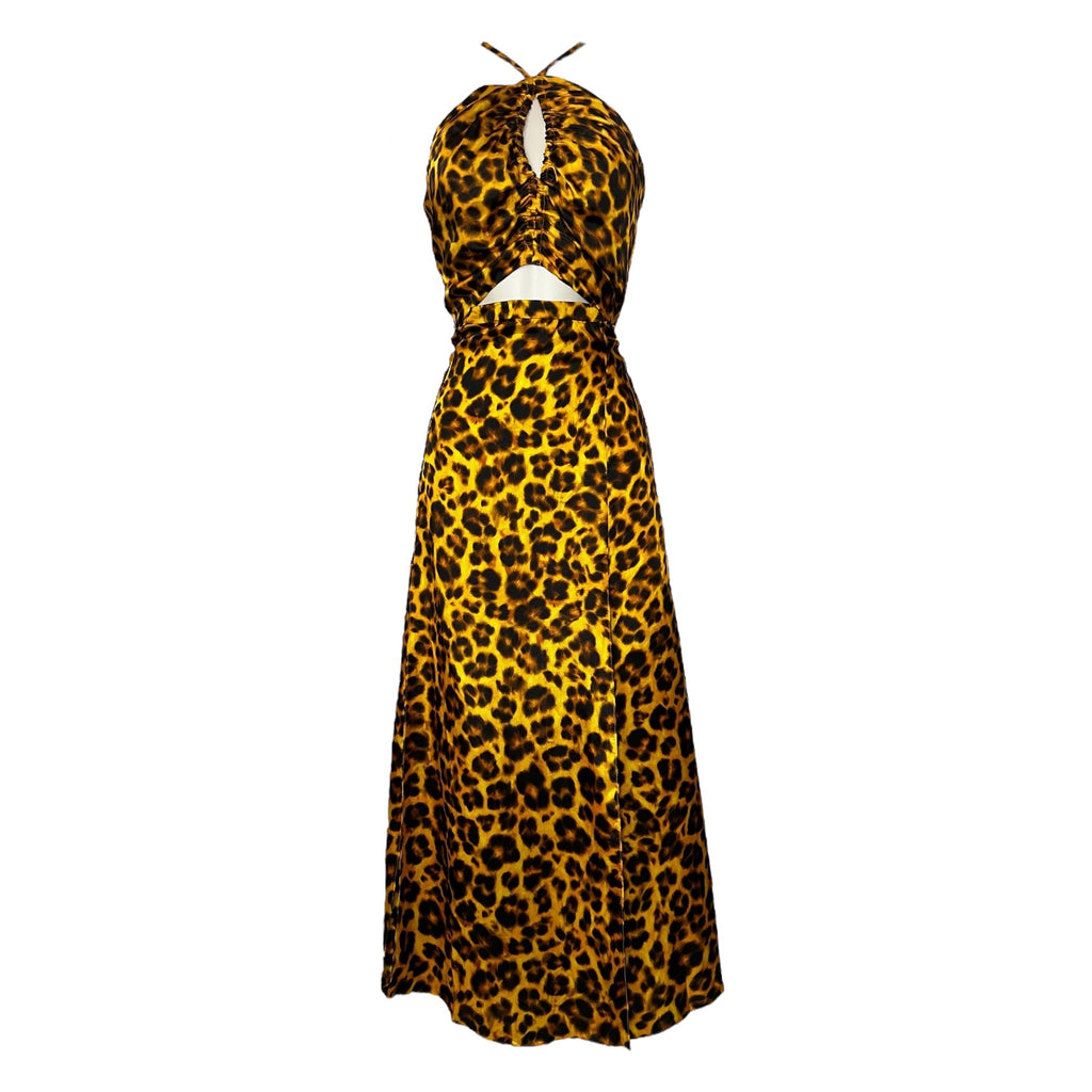 Sandro Satin Midi Dress – Halter Neck, Leopard Print, Cut-Out Detail, Wedding Guest Ready, FR 38 – pre-loved