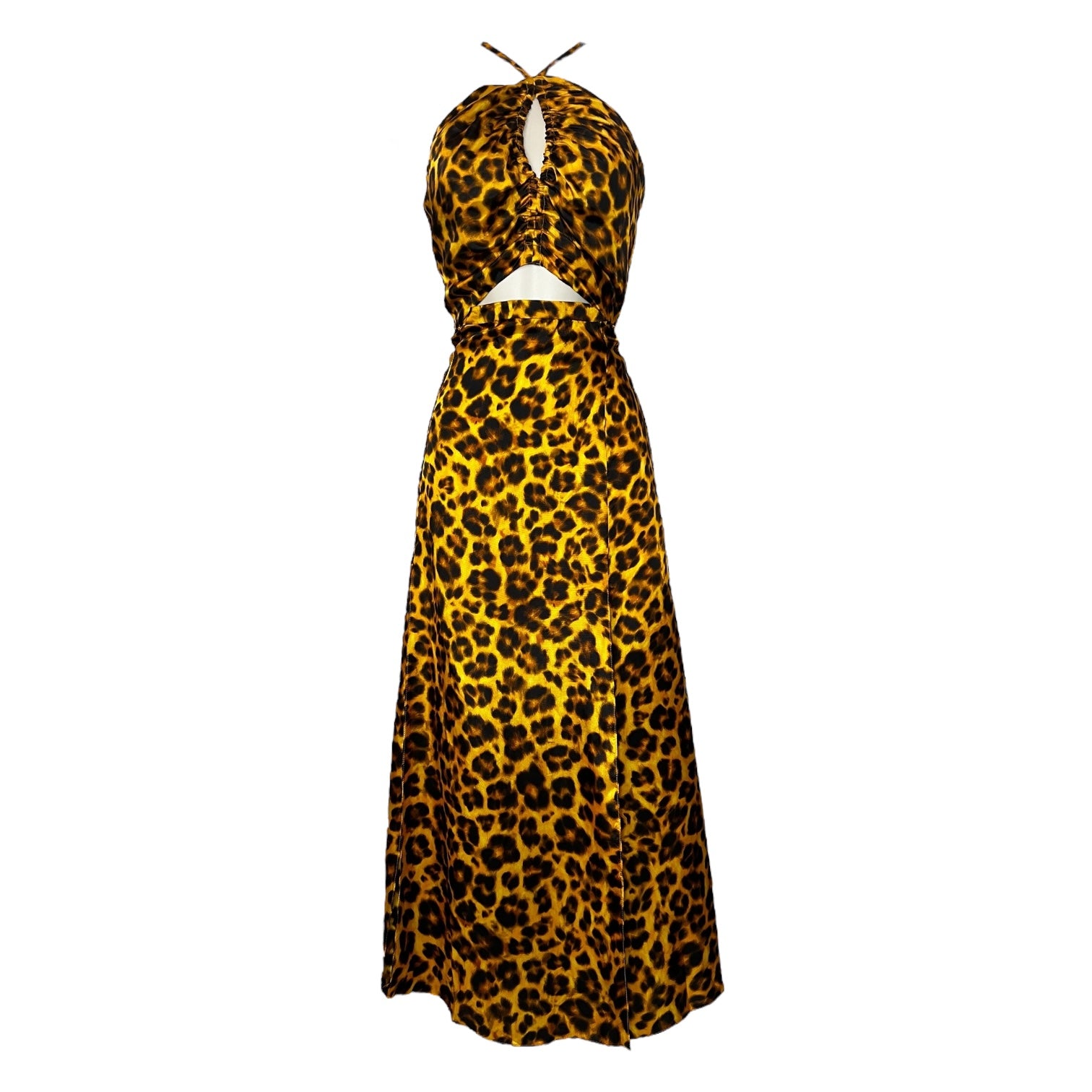 Sandro Satin Midi Dress – Halter Neck, Leopard Print, Cut-Out Detail, Wedding Guest Ready, FR 38 – pre-loved