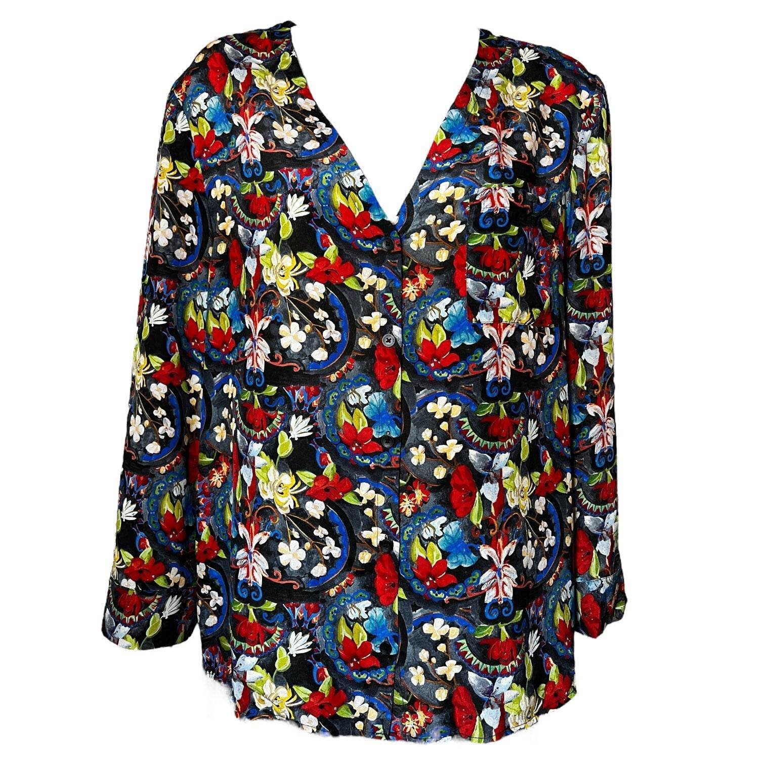 Alice + Olivia Silk Blouse – Floral Tapestry Print, Button Front, S – pre-loved