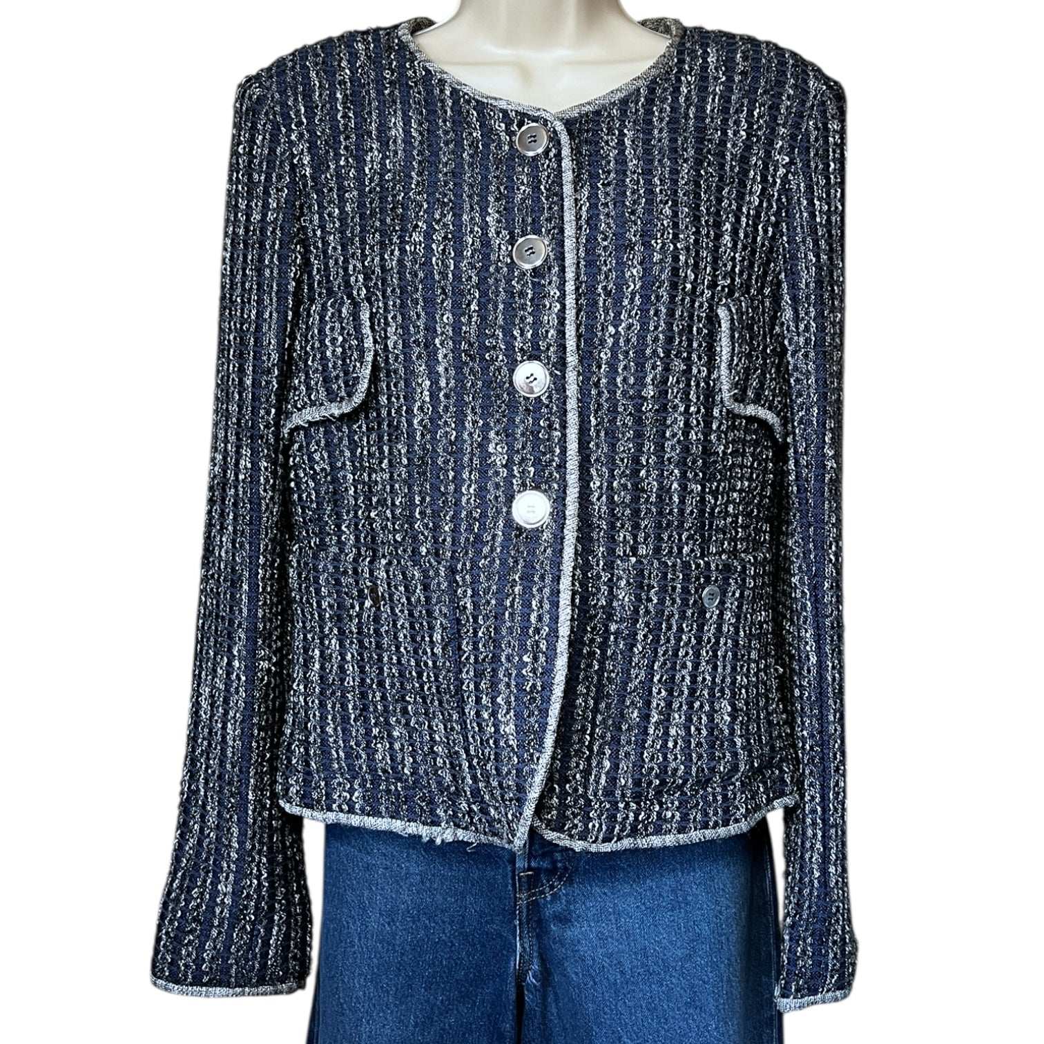 Theyskens’ Theory Tweed Collarless Blazer – Distressed, Silk-Lined, US 6 – pre-loved
