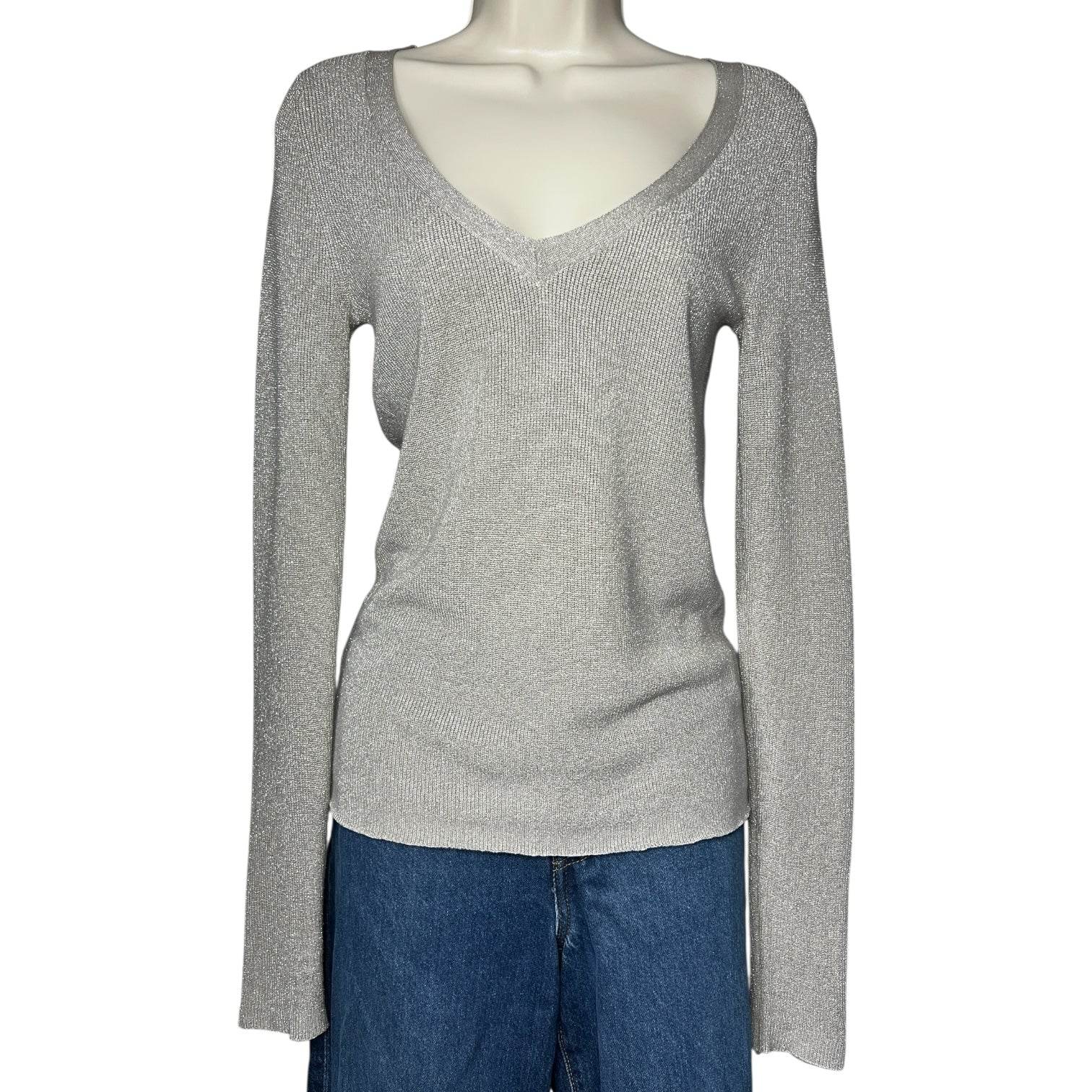 Joseph Metallic Silk V-Neck Jumper – Silver Knit, Size S – pre-loved