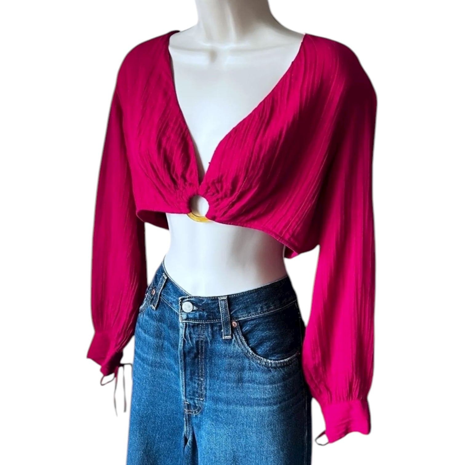 Antik Batik Plunge Ring Crop Top – Cotton Muslin Balloon Sleeve Blouse, S