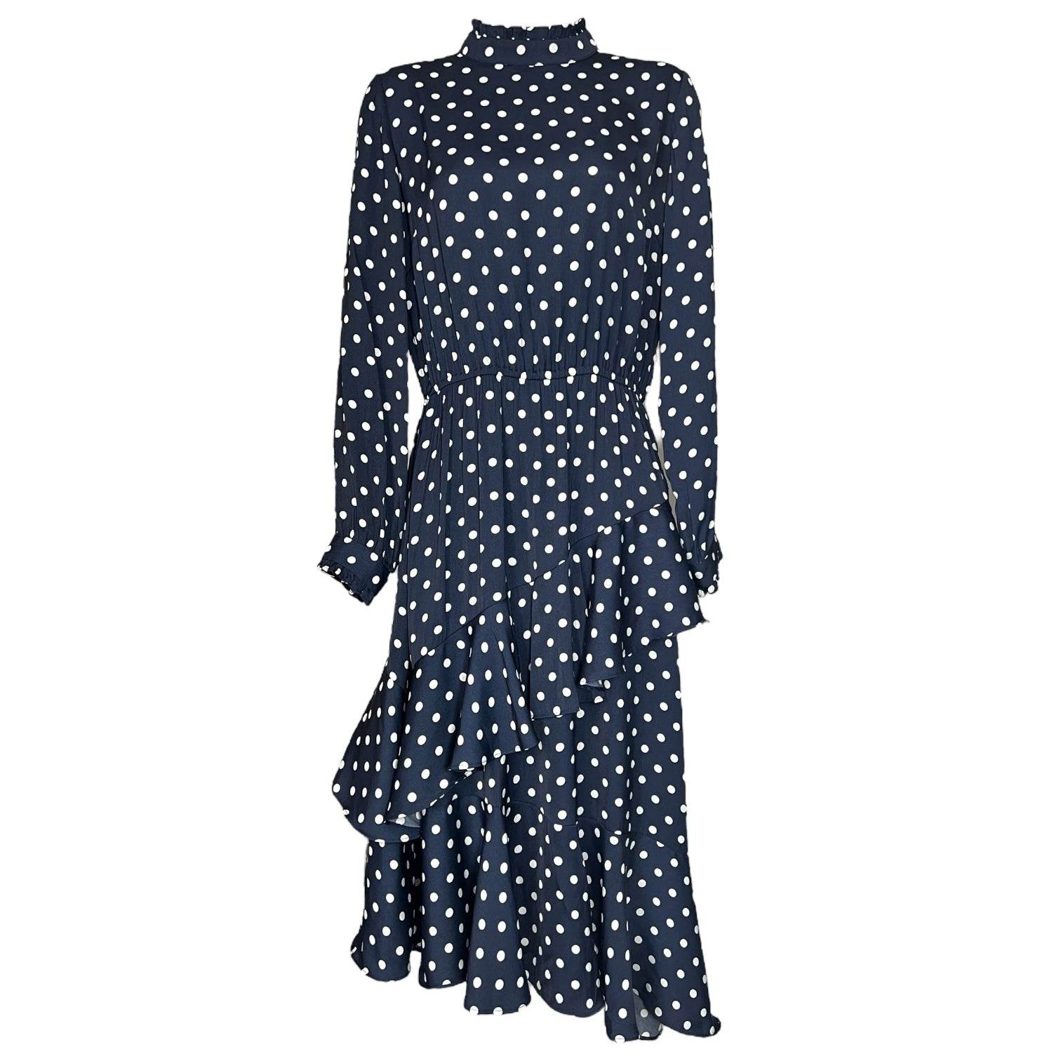 Essentiel Antwerp Polka Dot Midi Dress – Ruffle High Neck, Tiered Skirt, Navy, EU36 – pre-loved