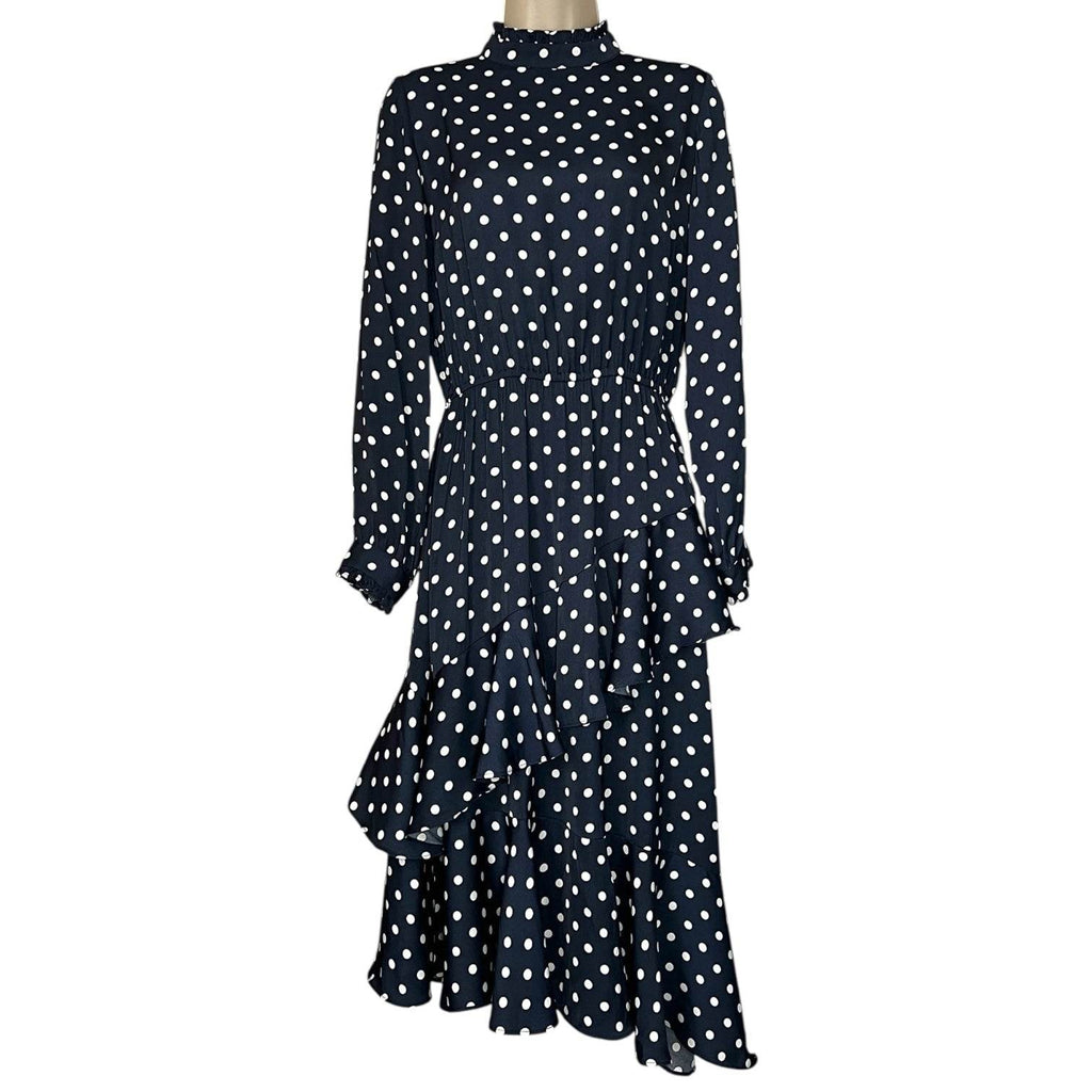 Essentiel Antwerp Polka Dot Midi Dress – Ruffle High Neck, Tiered Skirt, Navy, EU36 – pre-loved