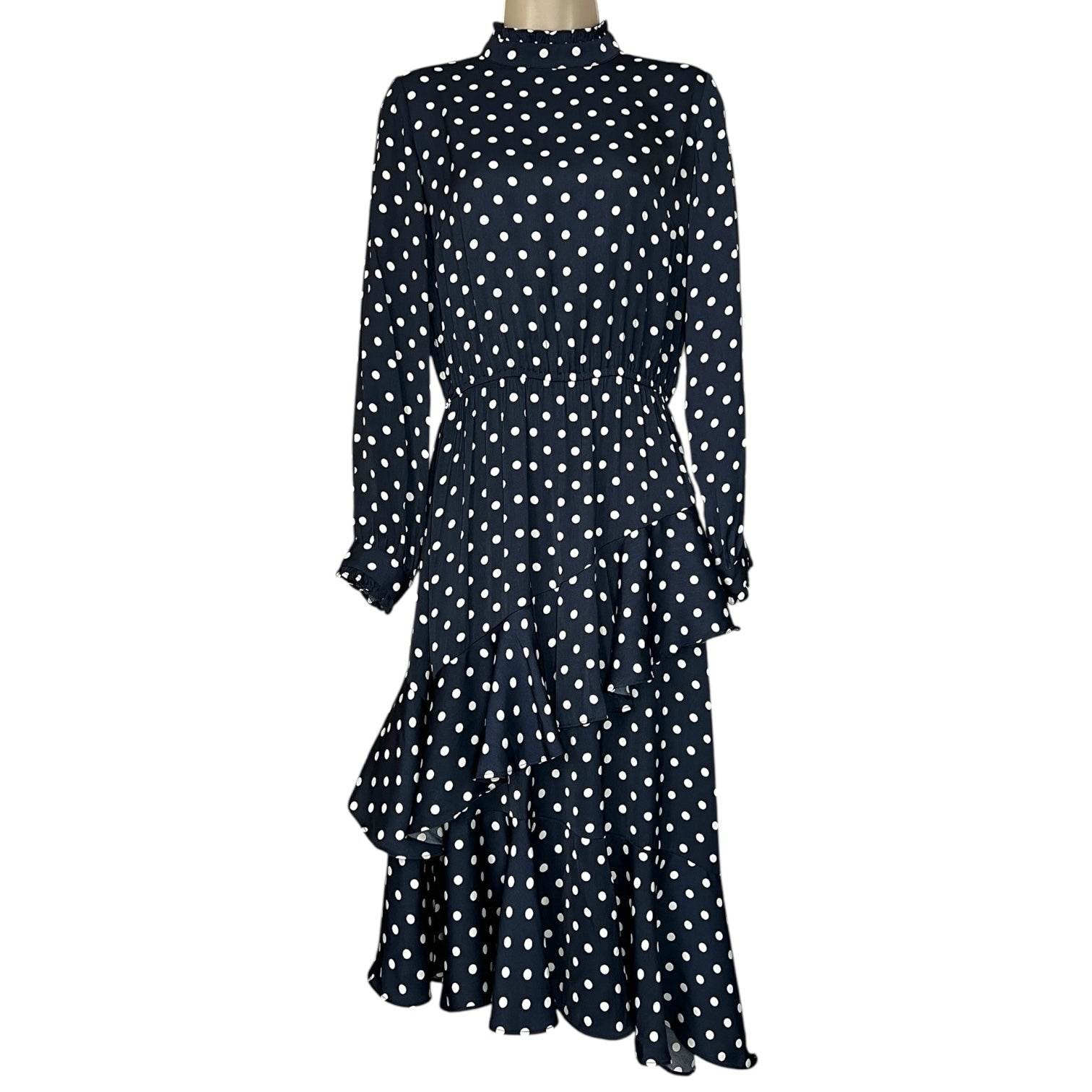 Essentiel Antwerp Polka Dot Midi Dress – Ruffle High Neck, Tiered Skirt, Navy, EU36 – pre-loved
