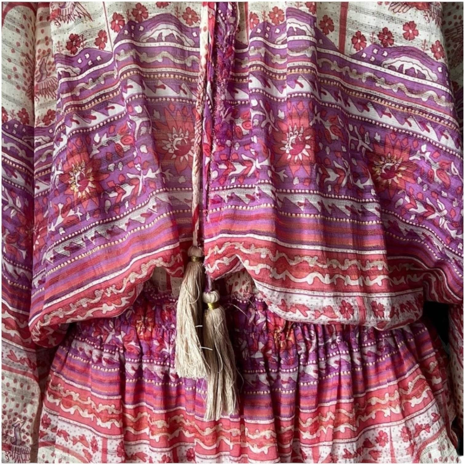 LoveShackFancy Silk Mini Dress – Off-Shoulder, Tiered Skirt, Boho Beach Style, Size L – pre-loved