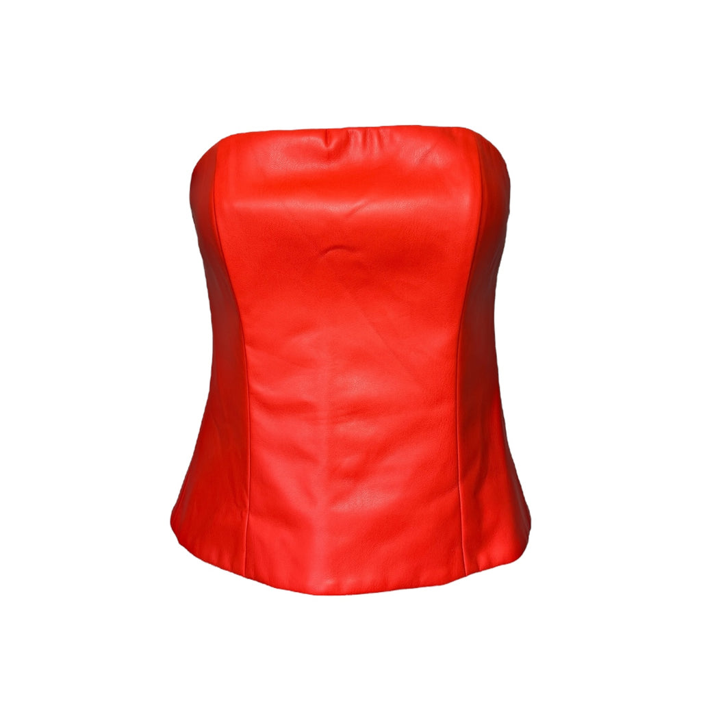 STAUD Cherry Red Vegan Leather Bustier Crop Top – US4 (UK8)