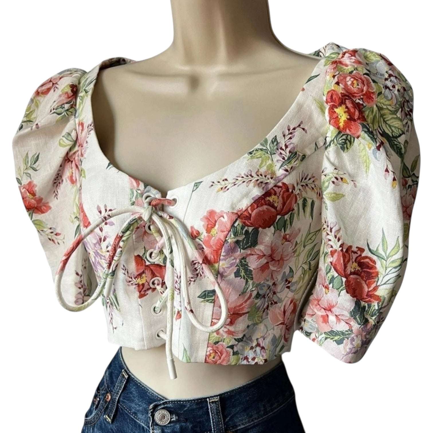 Zimmermann Linen Crop Top – Floral Print, Cottage Boho Chic, Size 0 – pre-loved