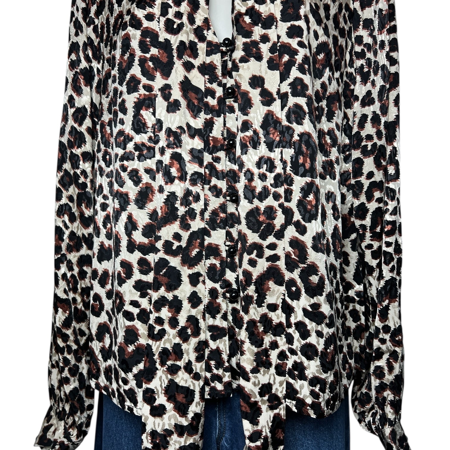 Kitri London Leopard Jacquard Pussy-Bow Blouse – V-Neck Balloon Sleeve Top, S