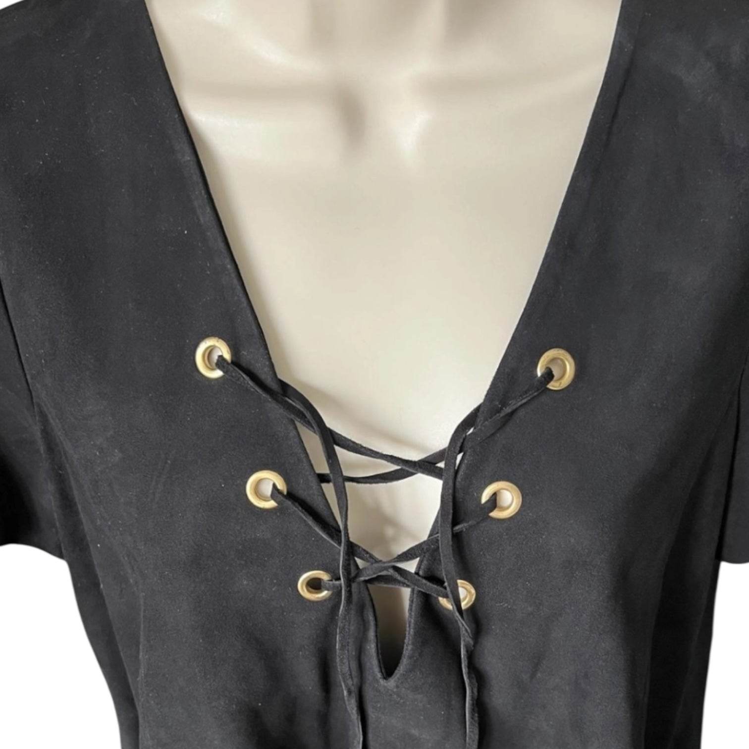 Ba&sh Suede Lace V-Neck Flare Blouse – Black, Size 2 (UK 10) – pre-loved