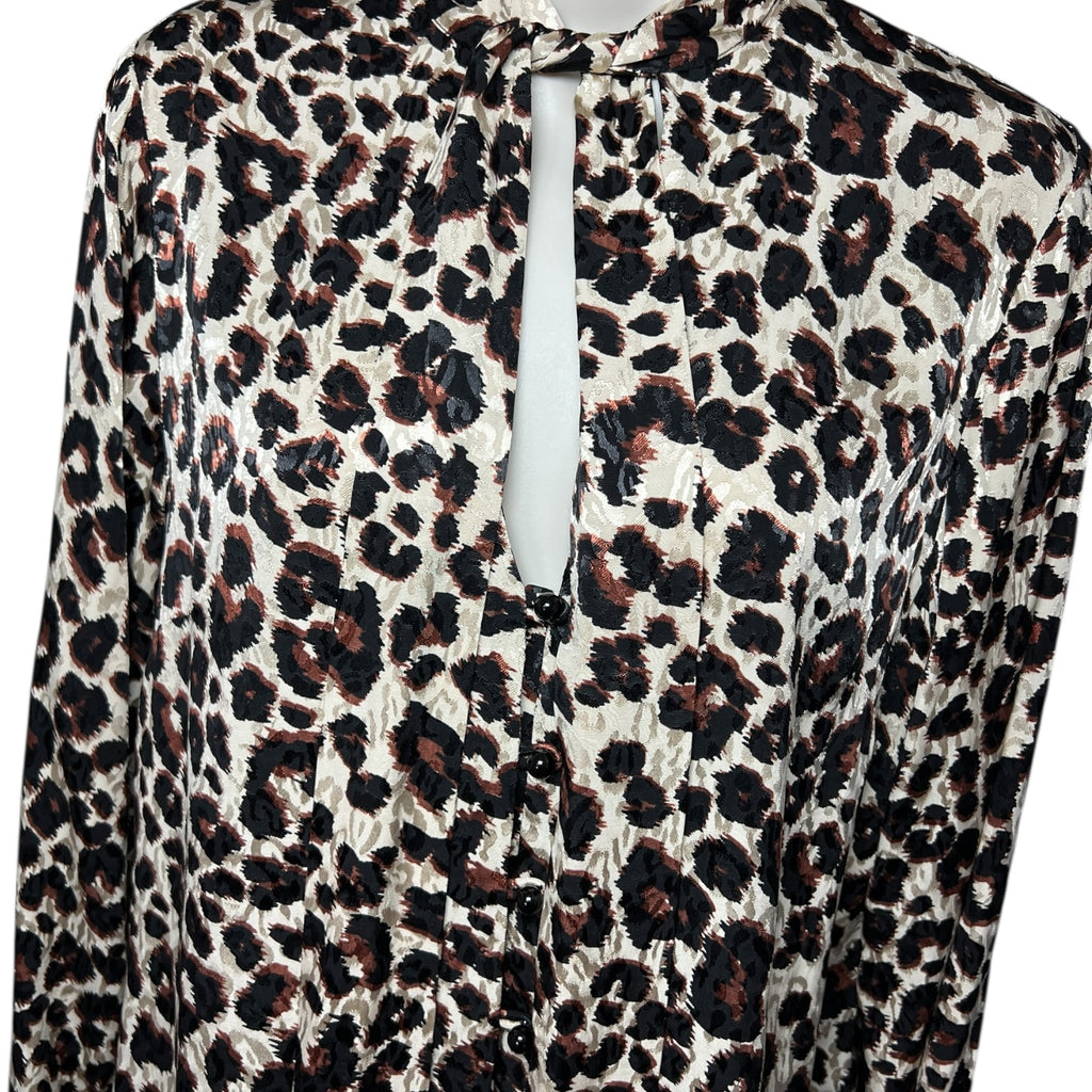Kitri London Leopard Jacquard Pussy-Bow Blouse – V-Neck Balloon Sleeve Top, S