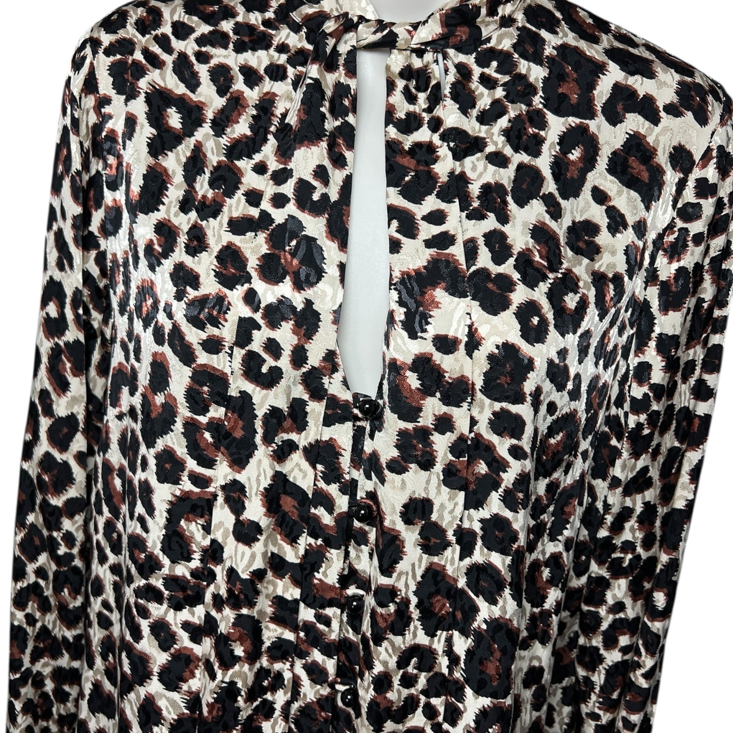 Kitri London Leopard Jacquard Pussy-Bow Blouse – V-Neck Balloon Sleeve Top, S