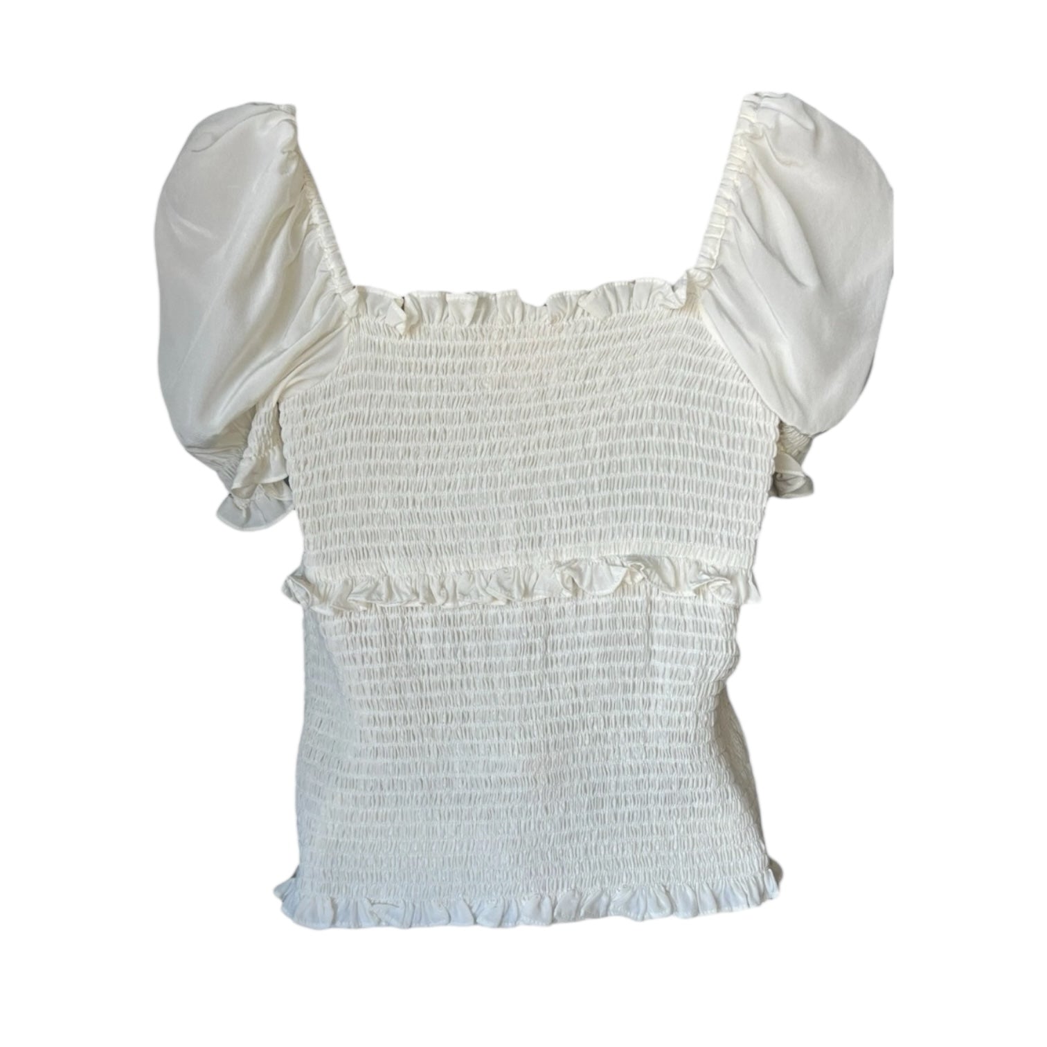 Cinq à Sept Square Neck Puff Sleeves Smocked Ruffle Silk Top – Ivory Blouse, S