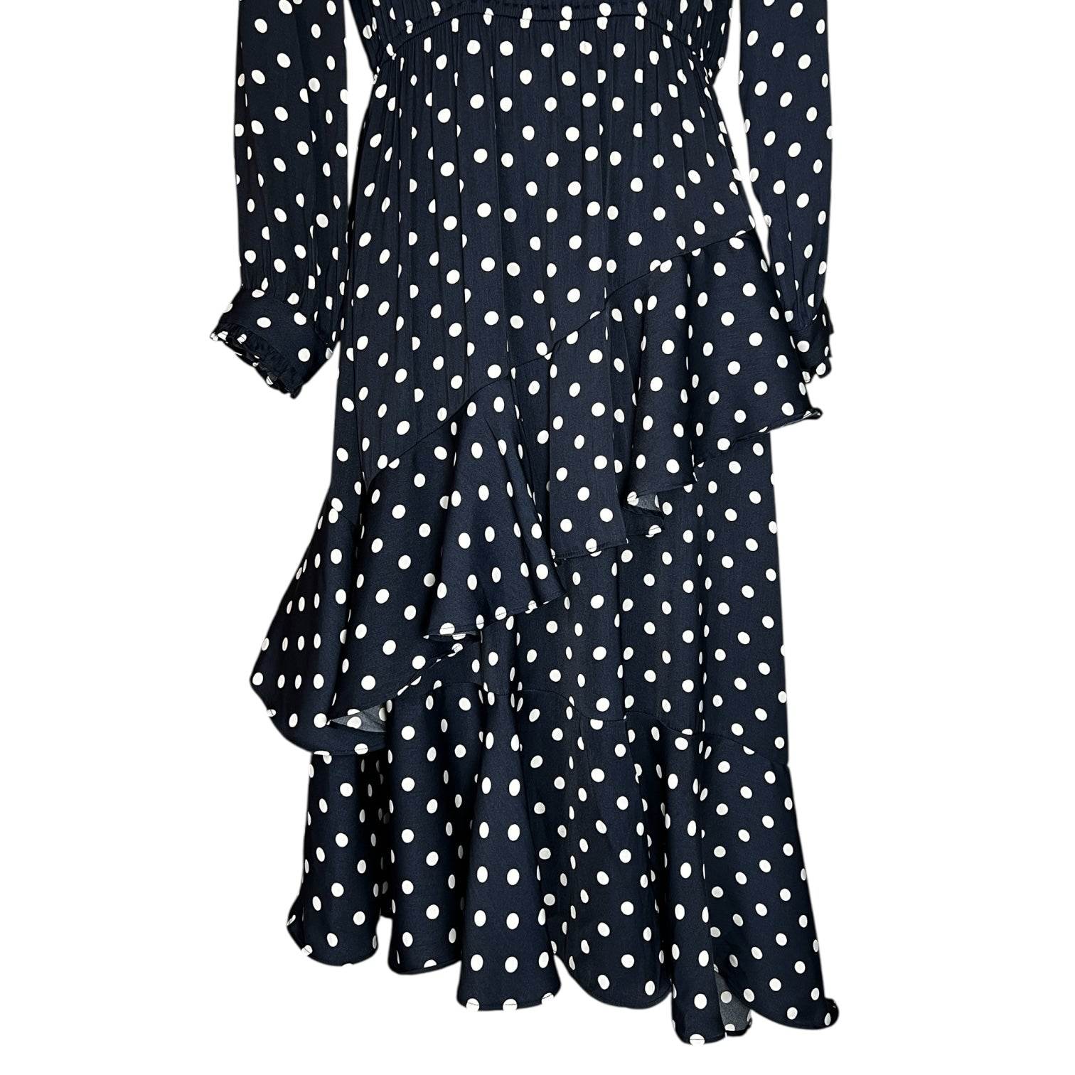 Essentiel Antwerp Polka Dot Midi Dress – Ruffle High Neck, Tiered Skirt, Navy, EU36 – pre-loved
