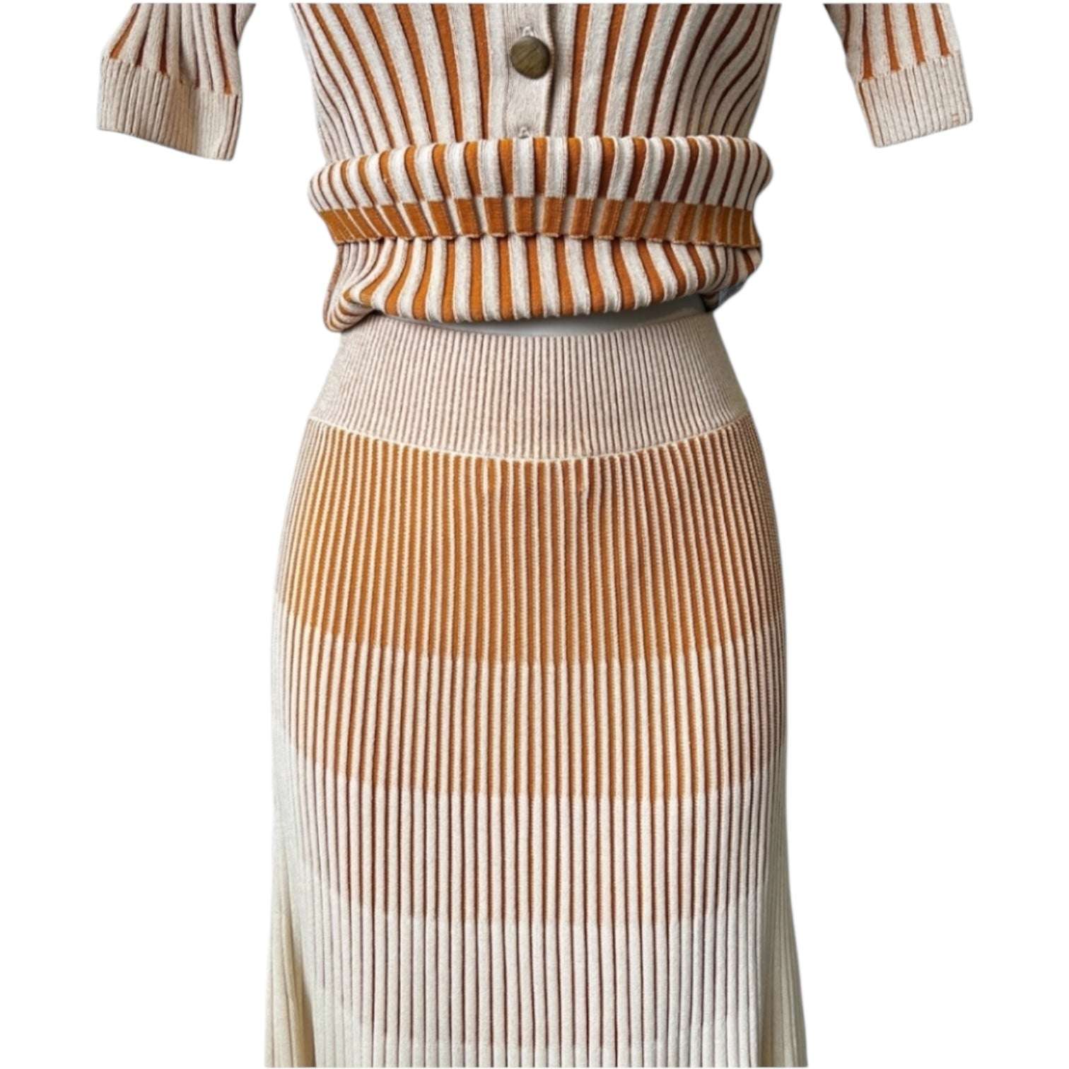 Nicholas Ribbed Knit Gradient Midi Skirt – Neutral Ombre Flare, Size XS – pre-loved