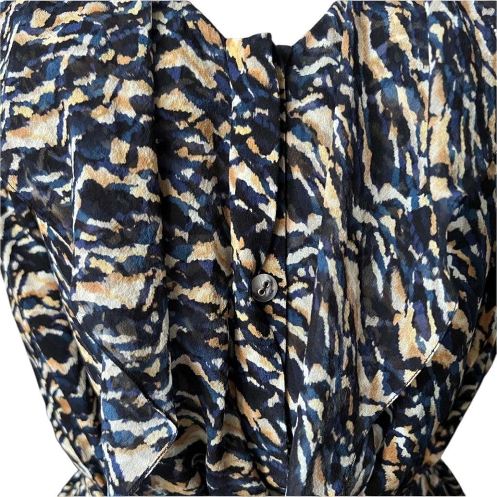 Saloni Silk Ruffle Button Mini Dress – Abstract Print, Belted, UK8 – pre-loved