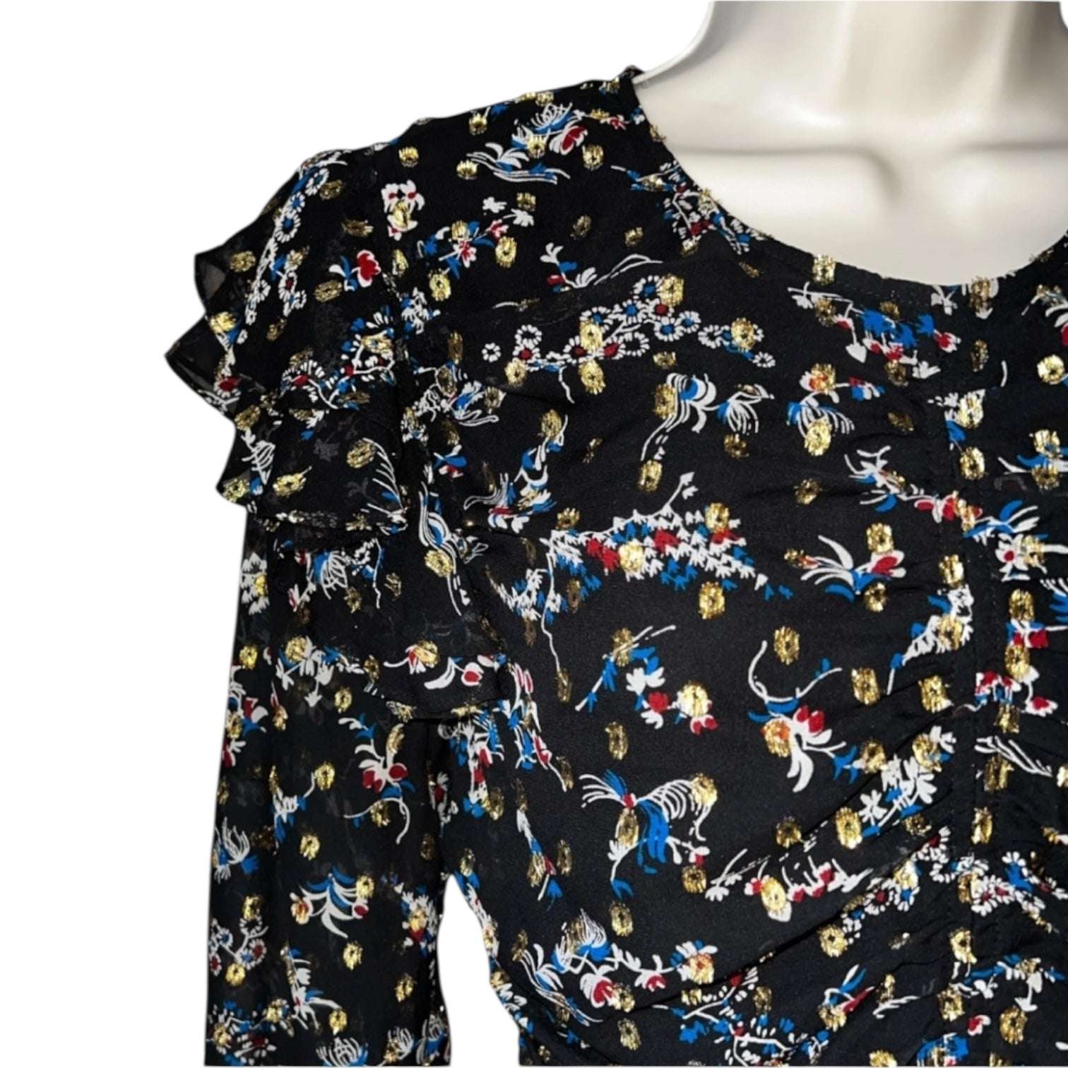 Veronica Beard Ruched Metallic Floral Dress – Mini, US4 – pre-loved