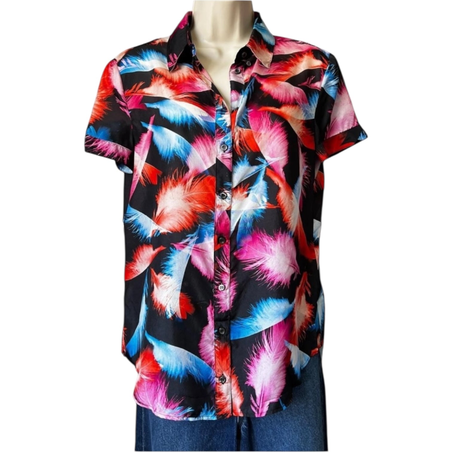 MCQ Alexander McQueen Silk Feather Blouse – Fitted Button-Up, Short Sleeves, IT 44 – pre-loved