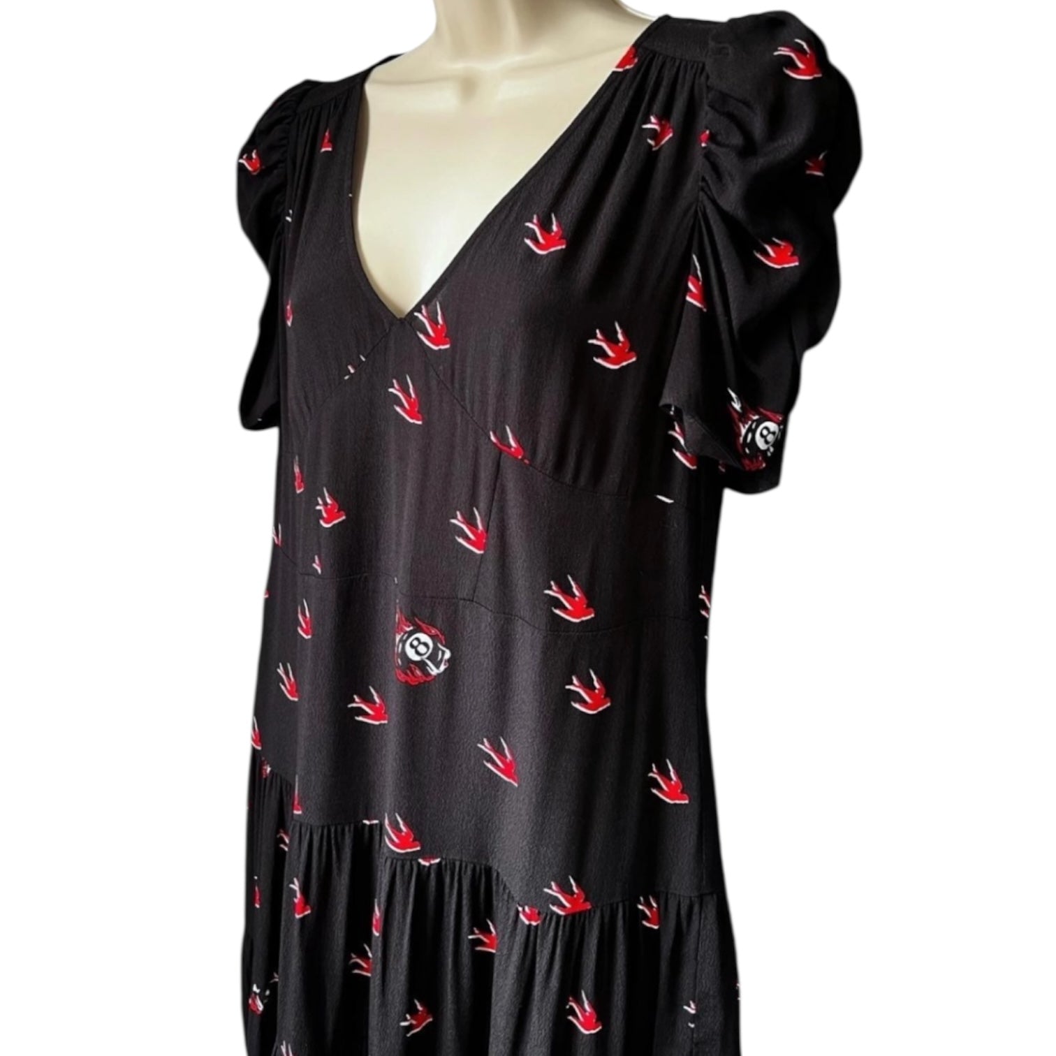 McQ Alexander McQueen Swallow Print Mini Dress – Black & Red, IT38 / UK6 – pre-loved