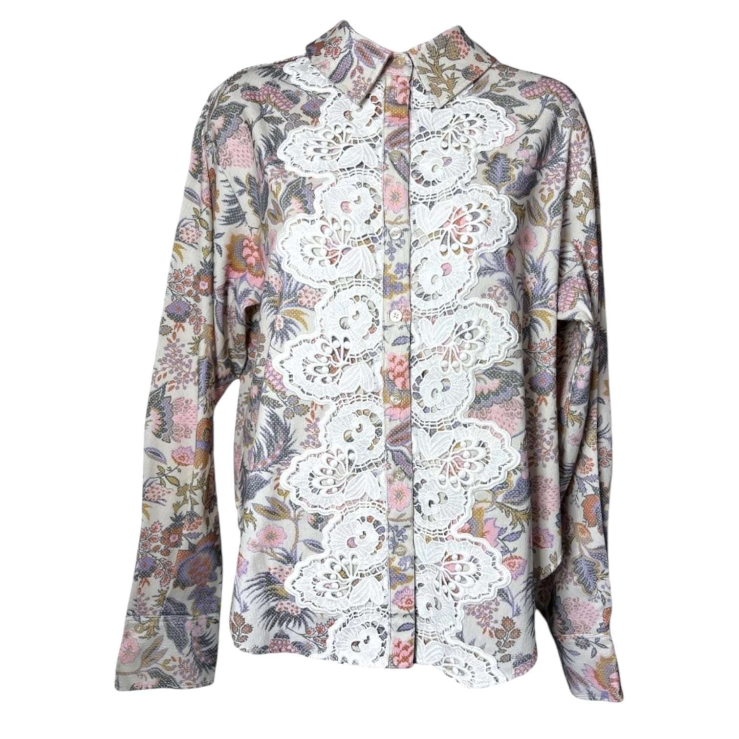 See By Chloé Floral Corduroy Shirt – Lace Trim, Balloon Sleeves, FR38 – pre-loved
