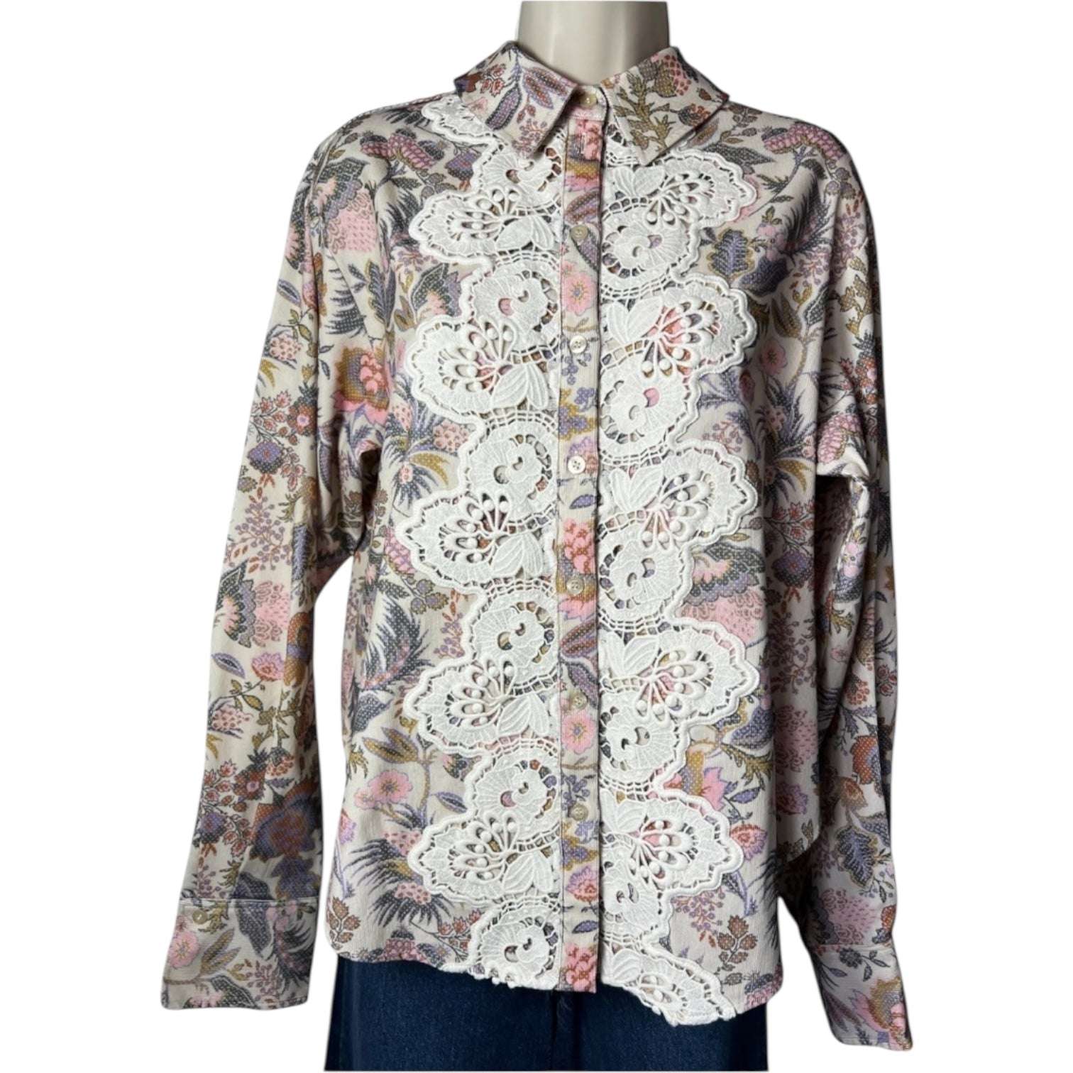 See By Chloé Floral Corduroy Shirt – Lace Trim, Balloon Sleeves, FR38 – pre-loved
