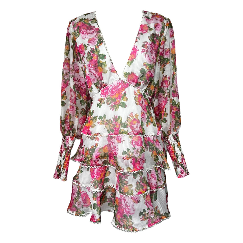 Keepsake The Label Oblivion Tiered Mini Dress – Floral Long Sleeve, Size M