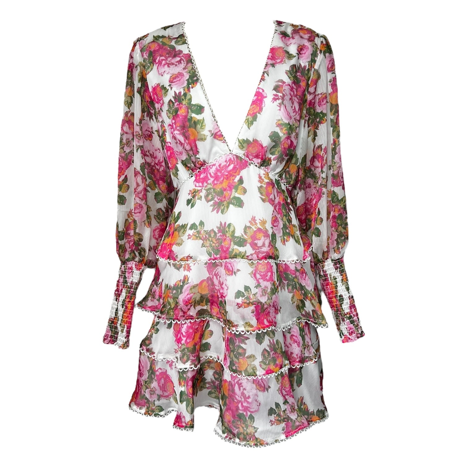 Keepsake The Label Oblivion Tiered Mini Dress – Floral Long Sleeve, Size M
