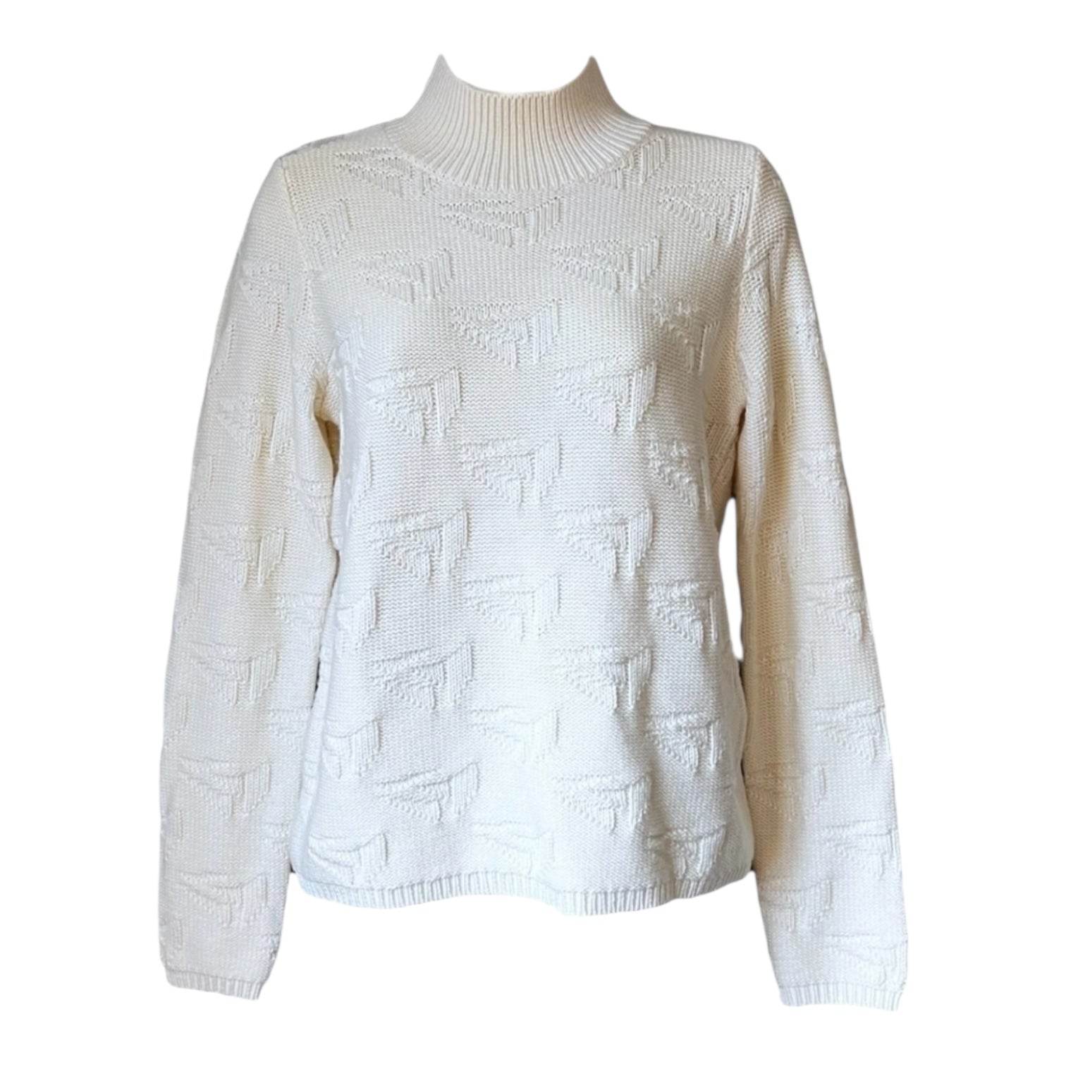 Jil Sander High Neck Wool Knit Jumper – Boat Motif, Ivory, Size S – pre-loved