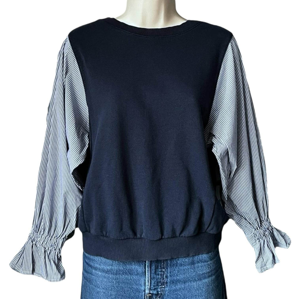 Essentiel Antwerp Cotton Sweatshirt – Striped Poplin Sleeves, Relaxed Fit, UK 8 – pre-loved