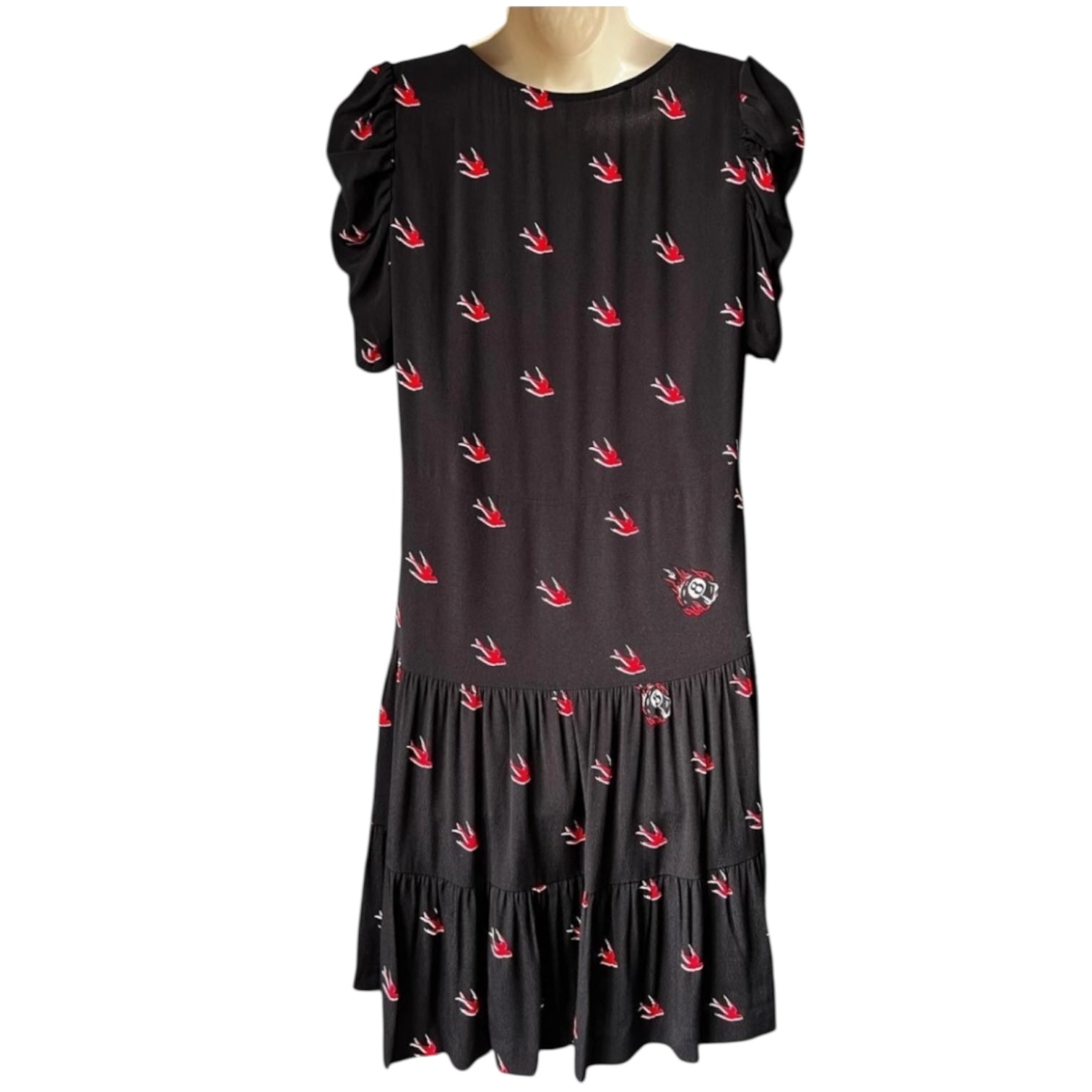 McQ Alexander McQueen Swallow Print Mini Dress – Black & Red, IT38 / UK6 – pre-loved