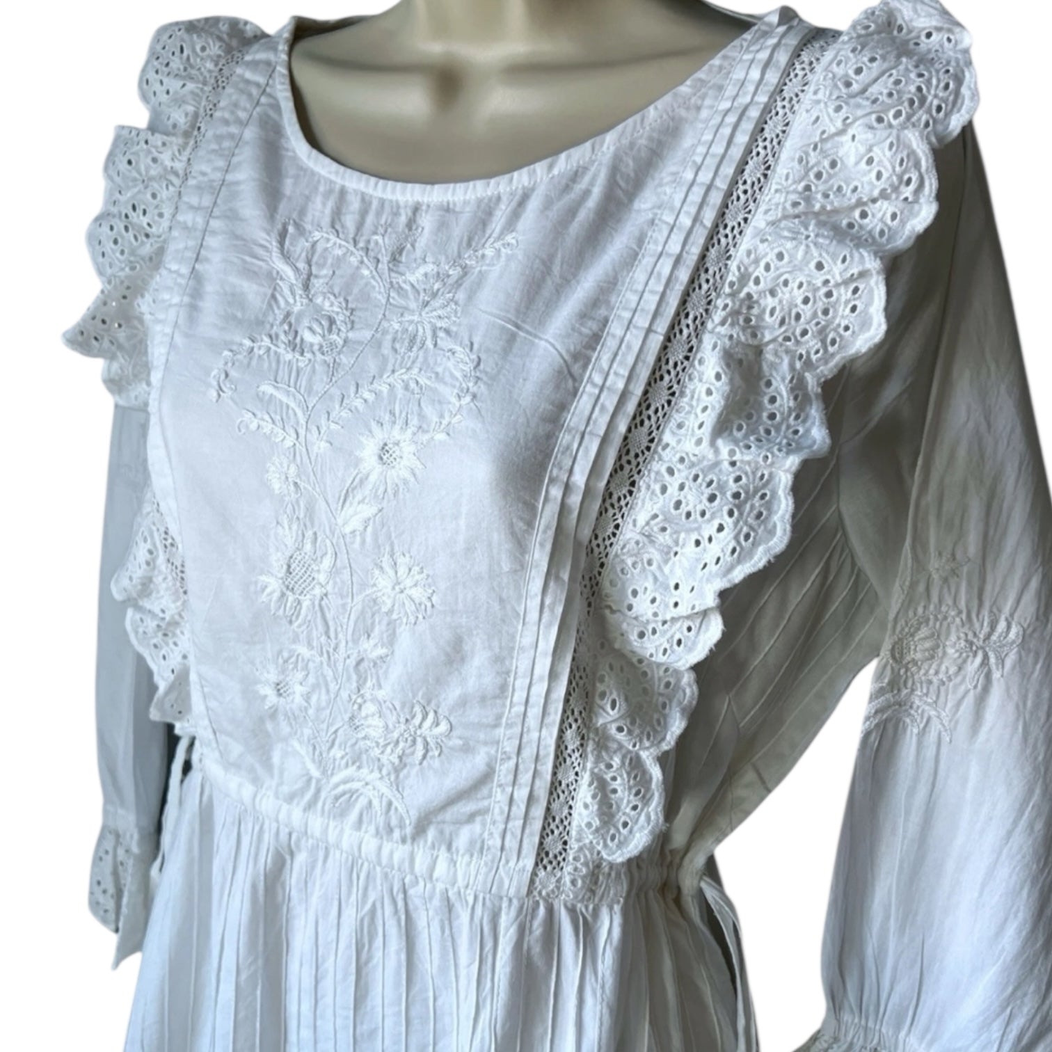 Pink City Prints Embroidered Prairie Ruffle Midi Dress – White, Cotton, L