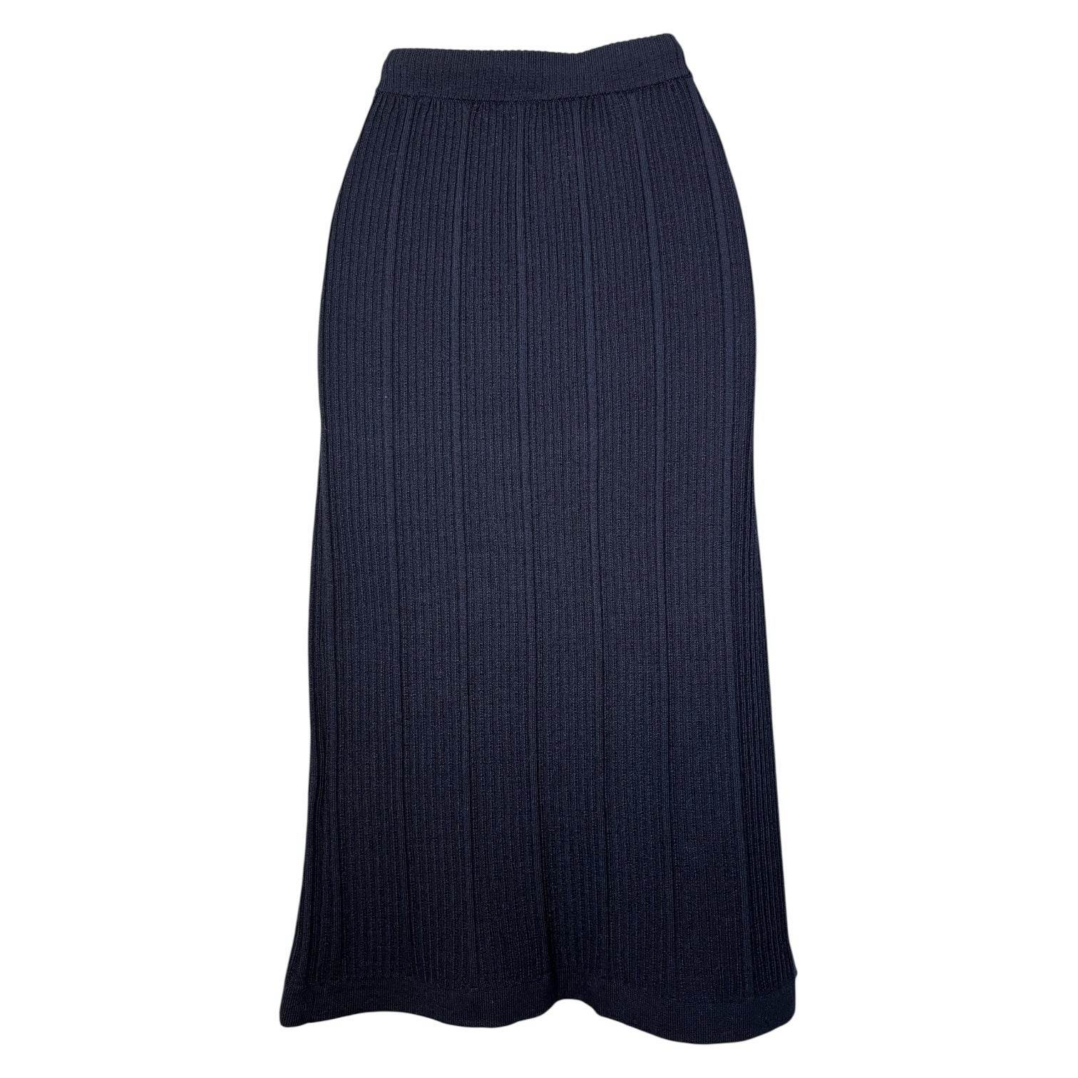 Linda Ribbed Wool Midi Skirt – Drawstring Waist, Navy, XS