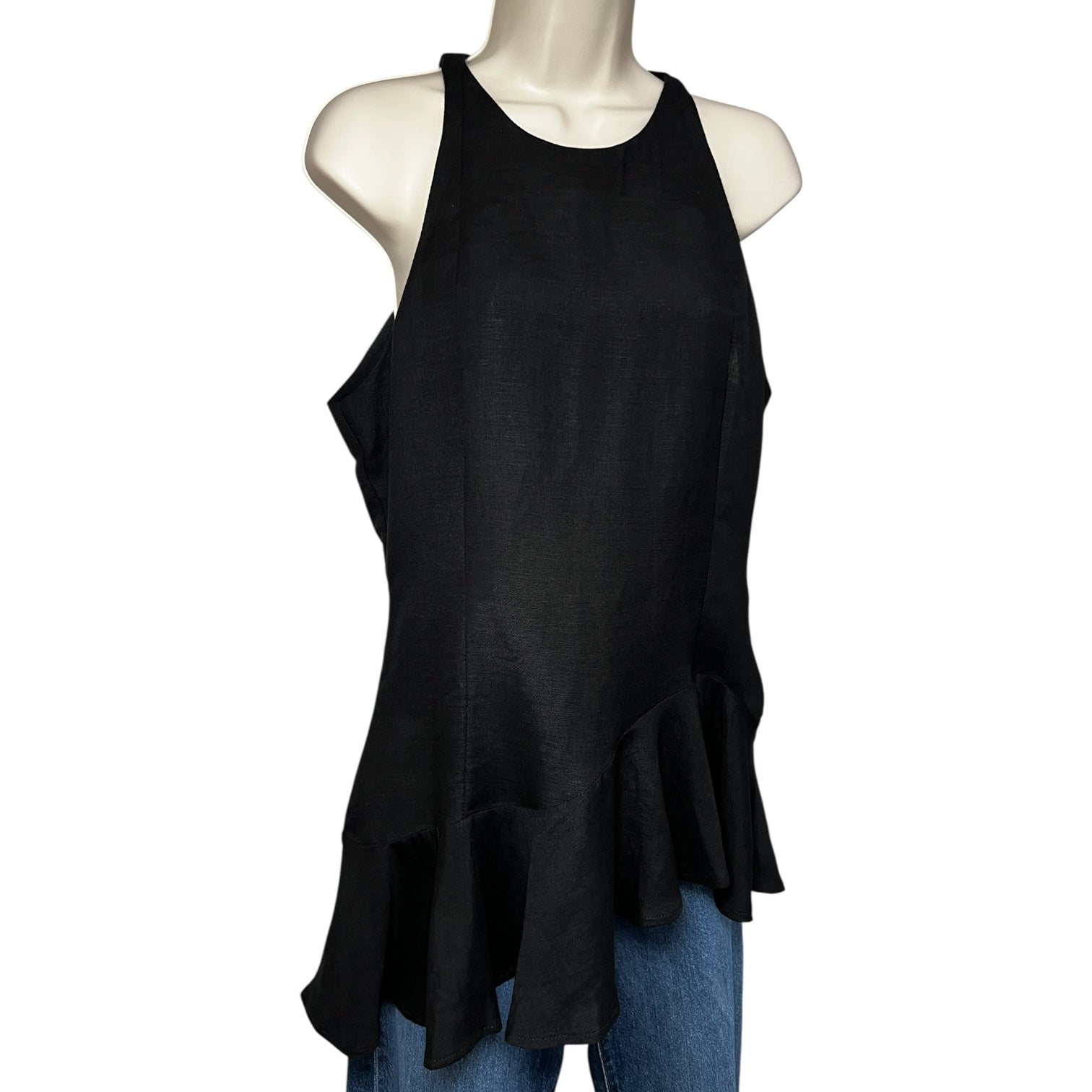 Paper London Linen Asymmetric Peplum Racer Top – Black, UK14