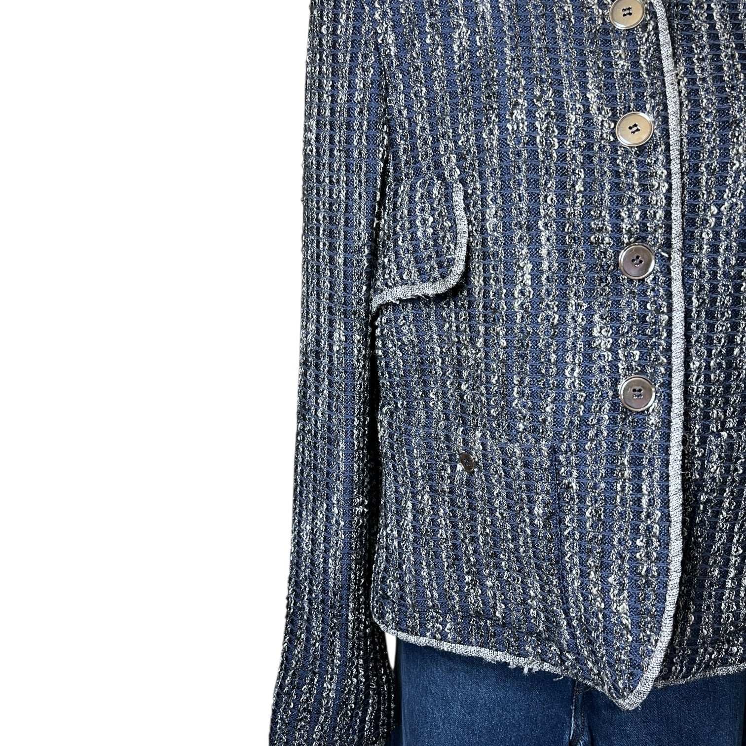 Theyskens’ Theory Tweed Collarless Blazer – Distressed, Silk-Lined, US 6 – pre-loved