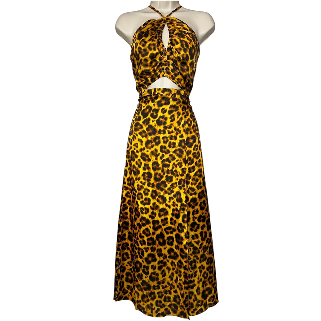 Sandro Satin Midi Dress – Halter Neck, Leopard Print, Cut-Out Detail, Wedding Guest Ready, FR 38 – pre-loved