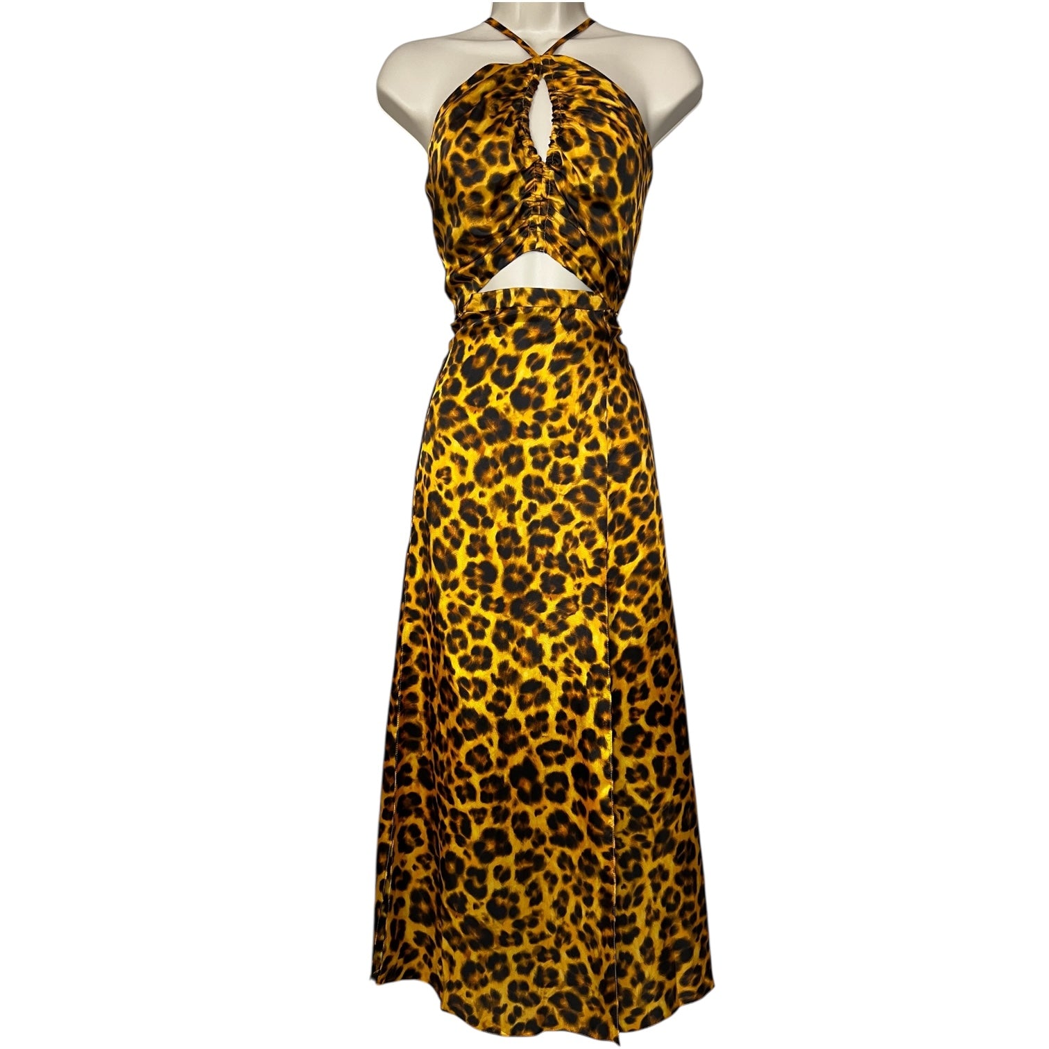 Sandro Satin Midi Dress – Halter Neck, Leopard Print, Cut-Out Detail, Wedding Guest Ready, FR 38 – pre-loved