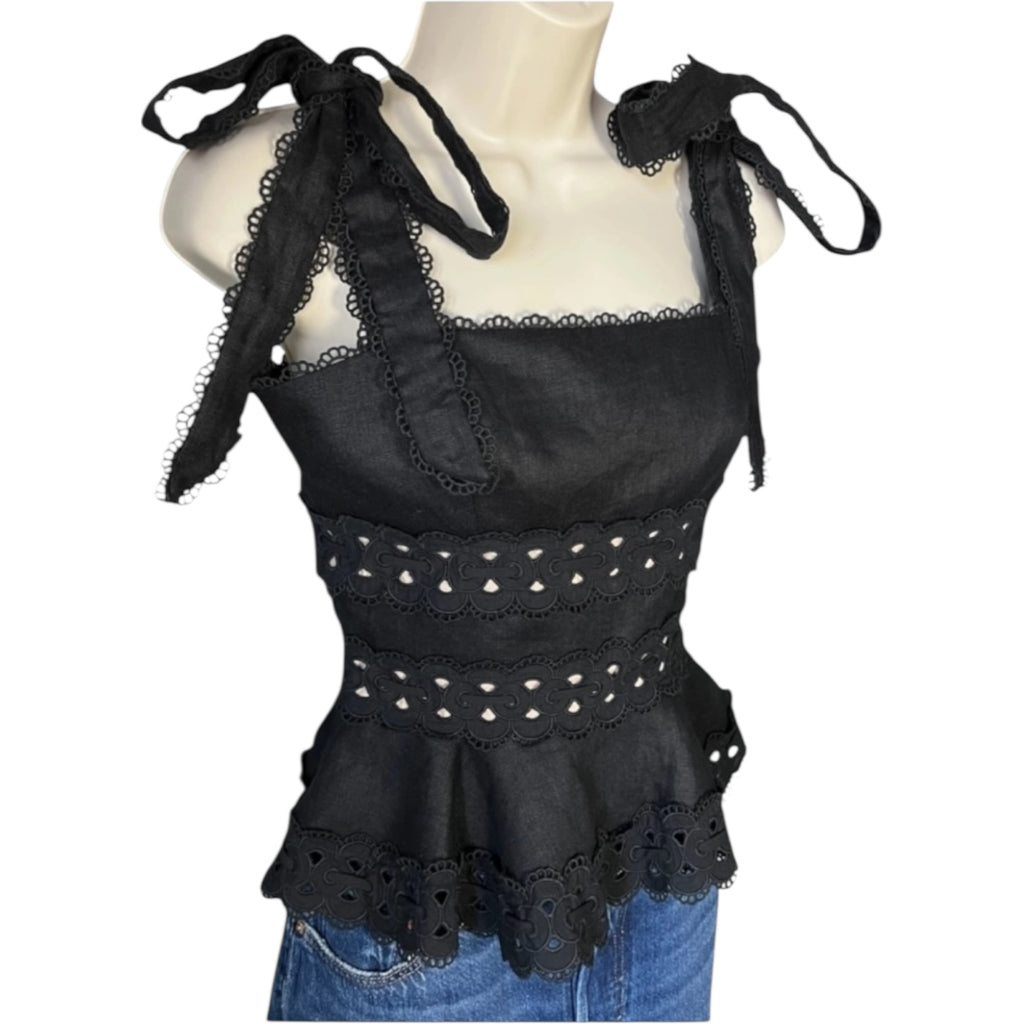 Zimmermann Kirra Linen Peplum Top – Black, Size 0 (UK8)