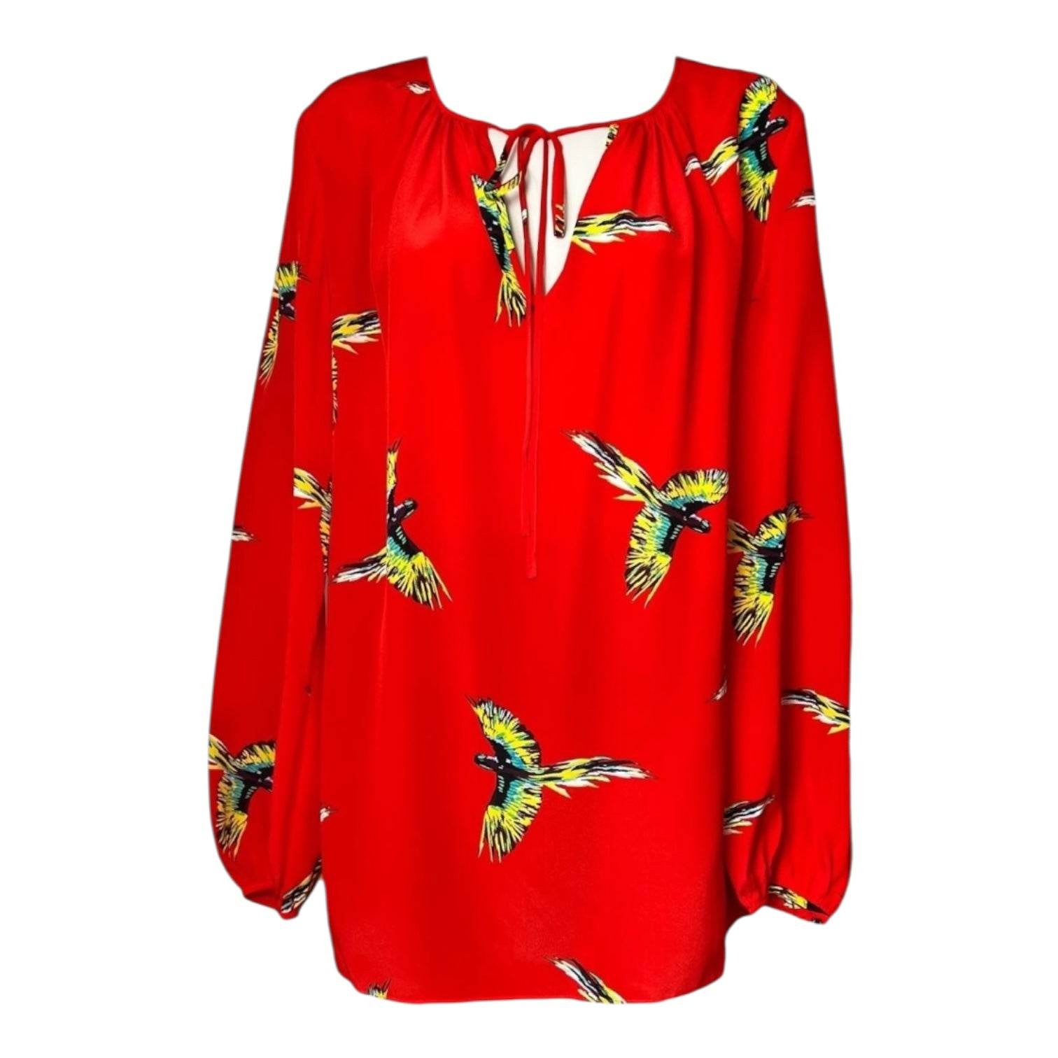 DVF Aurora Bird Print Silk Blouse – Red Tie Neck, US6 – pre-loved