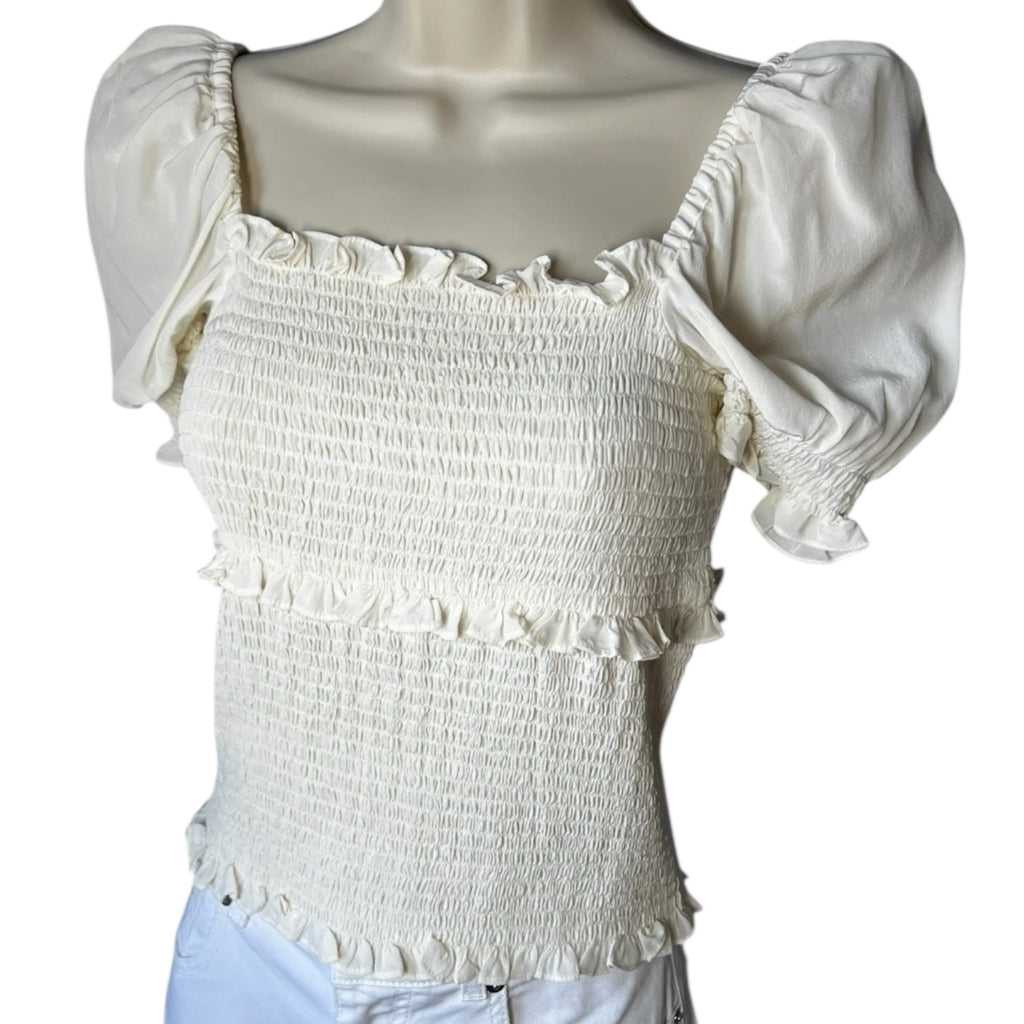 Cinq à Sept Square Neck Puff Sleeves Smocked Ruffle Silk Top – Ivory Blouse, S