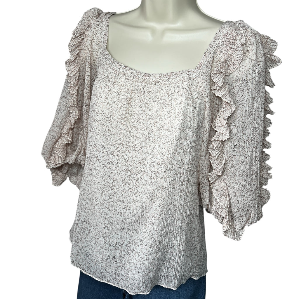 Rebecca Taylor Silk-Cotton Top – Square Neck Ruffle Blouse, US0