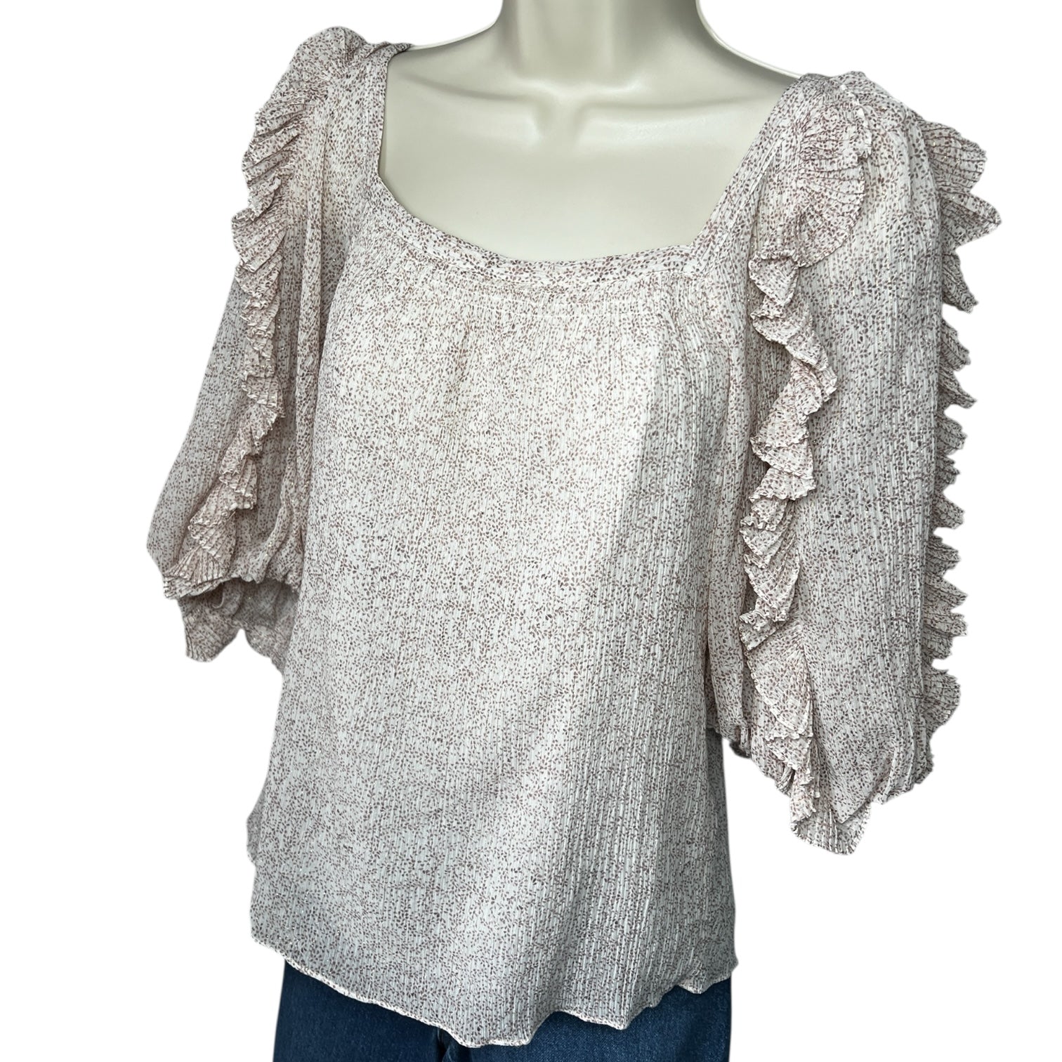 Rebecca Taylor Silk-Cotton Top – Square Neck Ruffle Blouse, US0