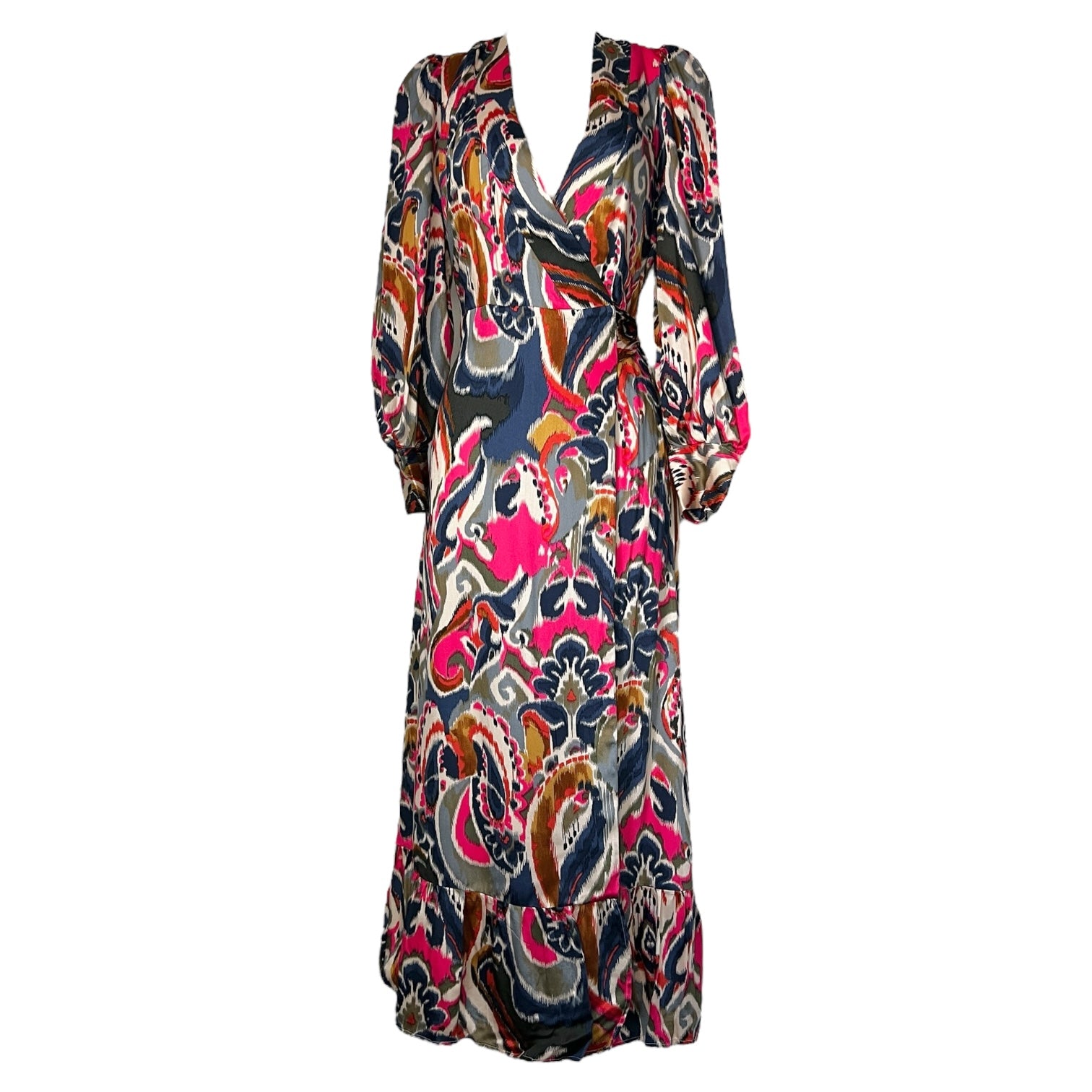 Vilagallo Floral Print Wrap Midi Dress – Long Sleeve Ruffle, EU40 (UK12)
