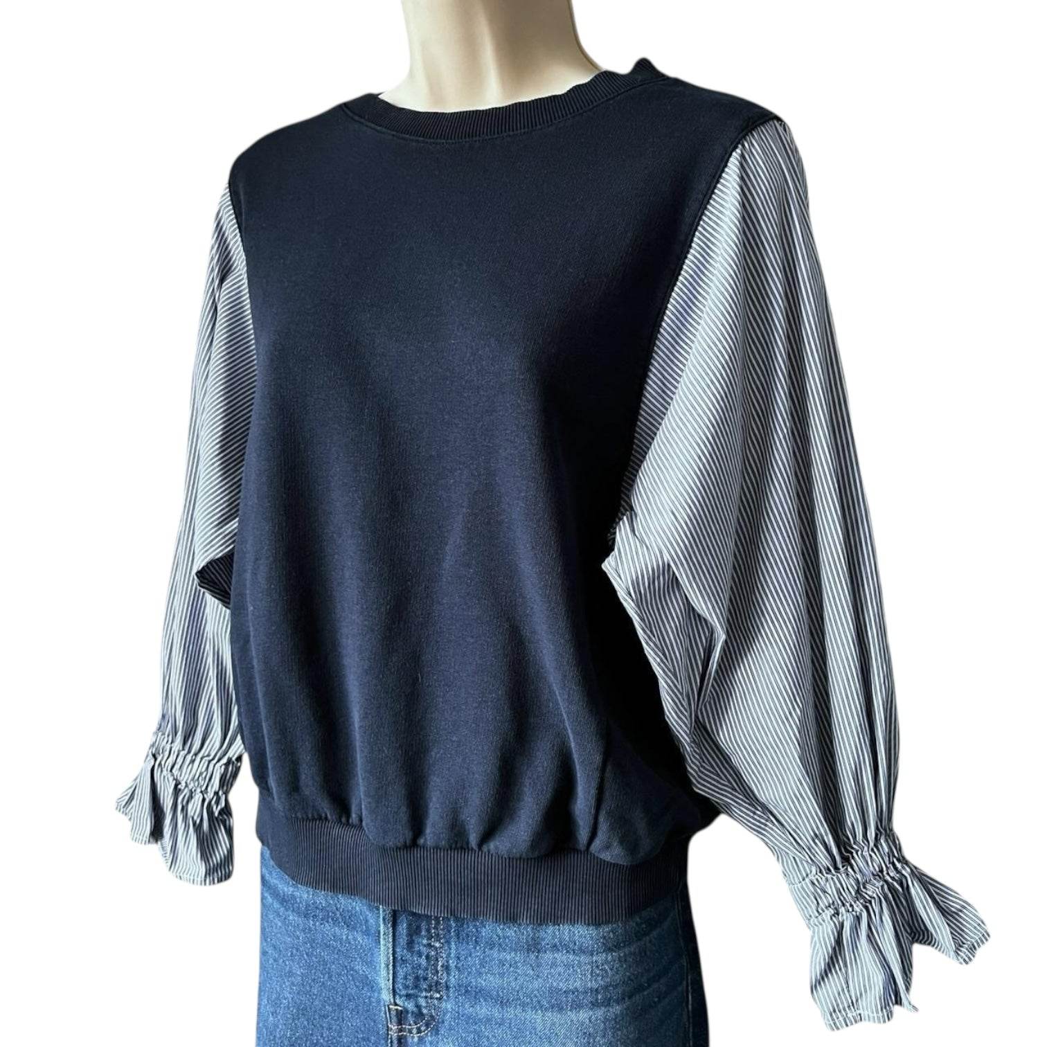 Essentiel Antwerp Cotton Sweatshirt – Striped Poplin Sleeves, Relaxed Fit, UK 8 – pre-loved