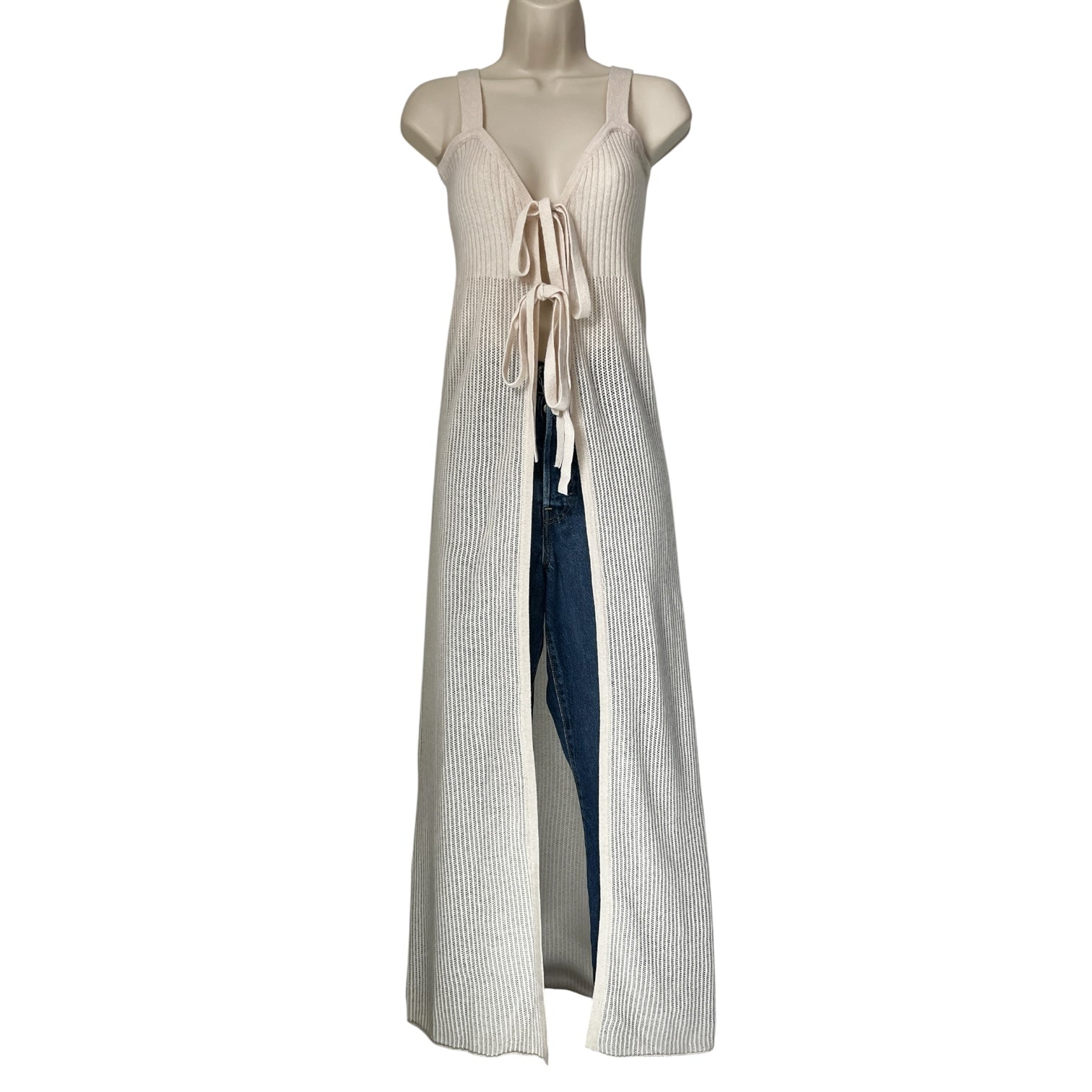 Crush Cashmere Sleeveless Cardigan Vest – Bow Tie Front Longline Knit, Size 1 (UK8)