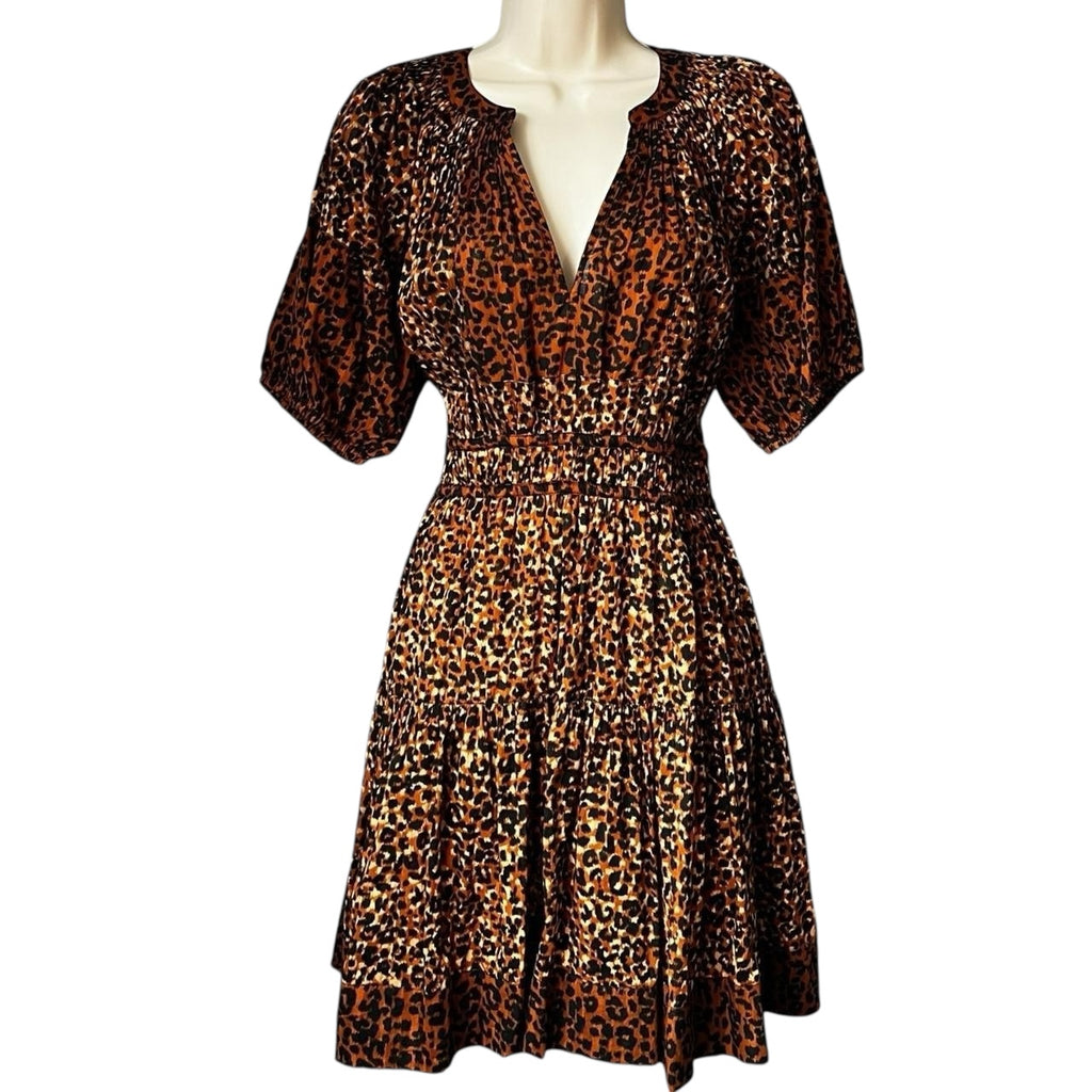 Ulla Johnson Mariana Leopard Print Tiered Cotton Mini Dress – US6