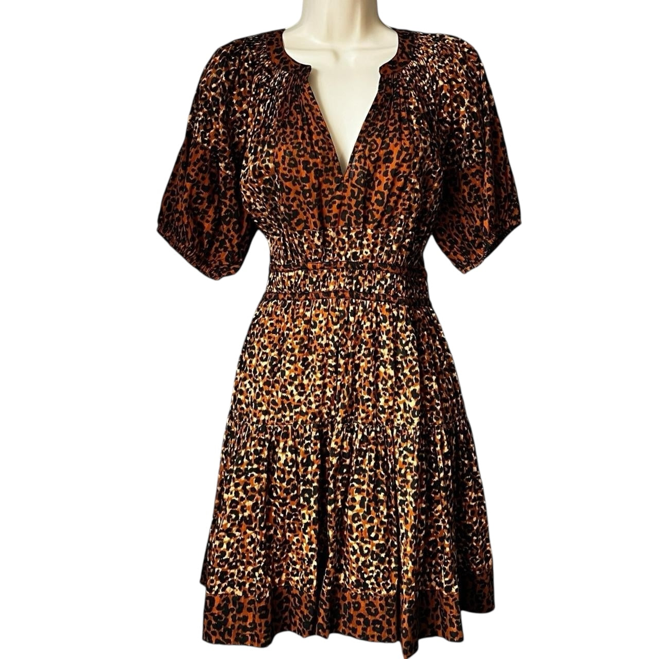 Ulla Johnson Mariana Leopard Print Tiered Cotton Mini Dress – US6