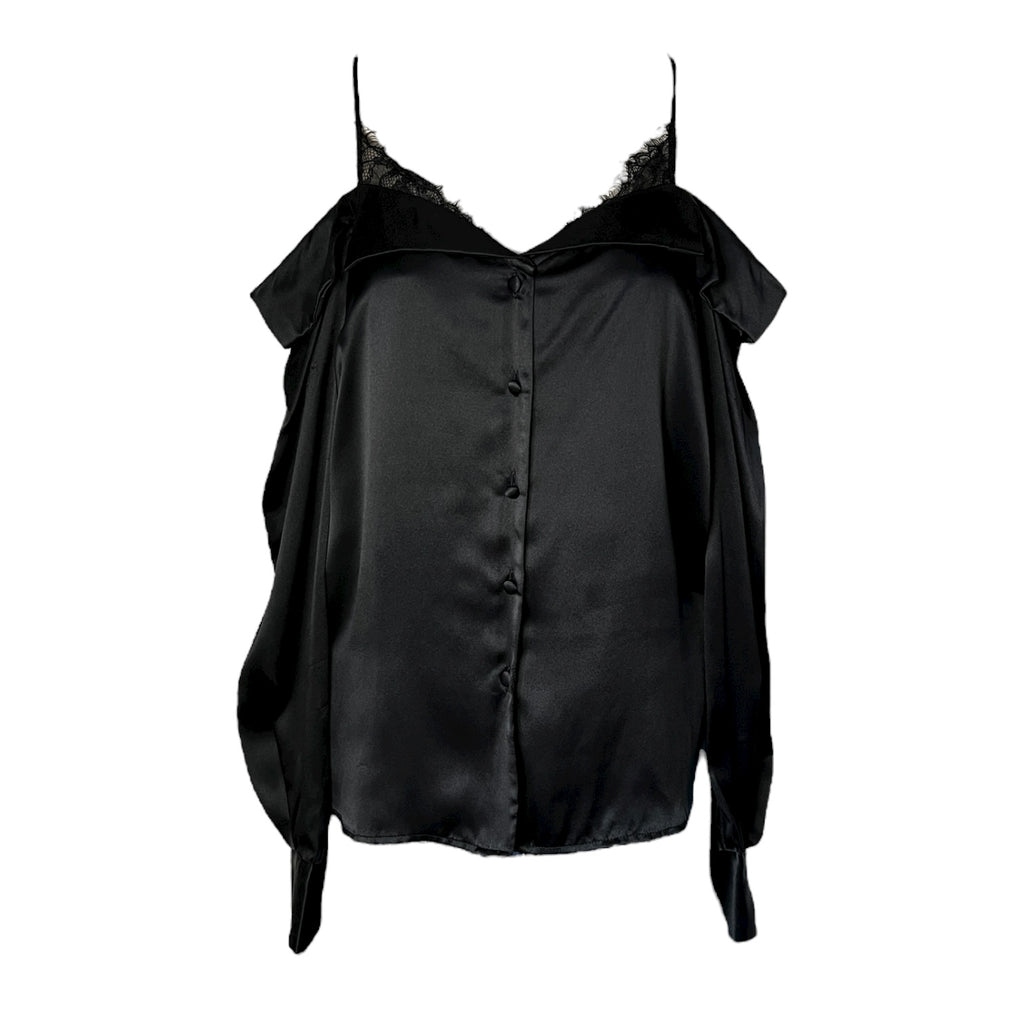 Jonathan Simkhai Caylee Black Silk Lace Plissé Off-Shoulder Blouse – XS